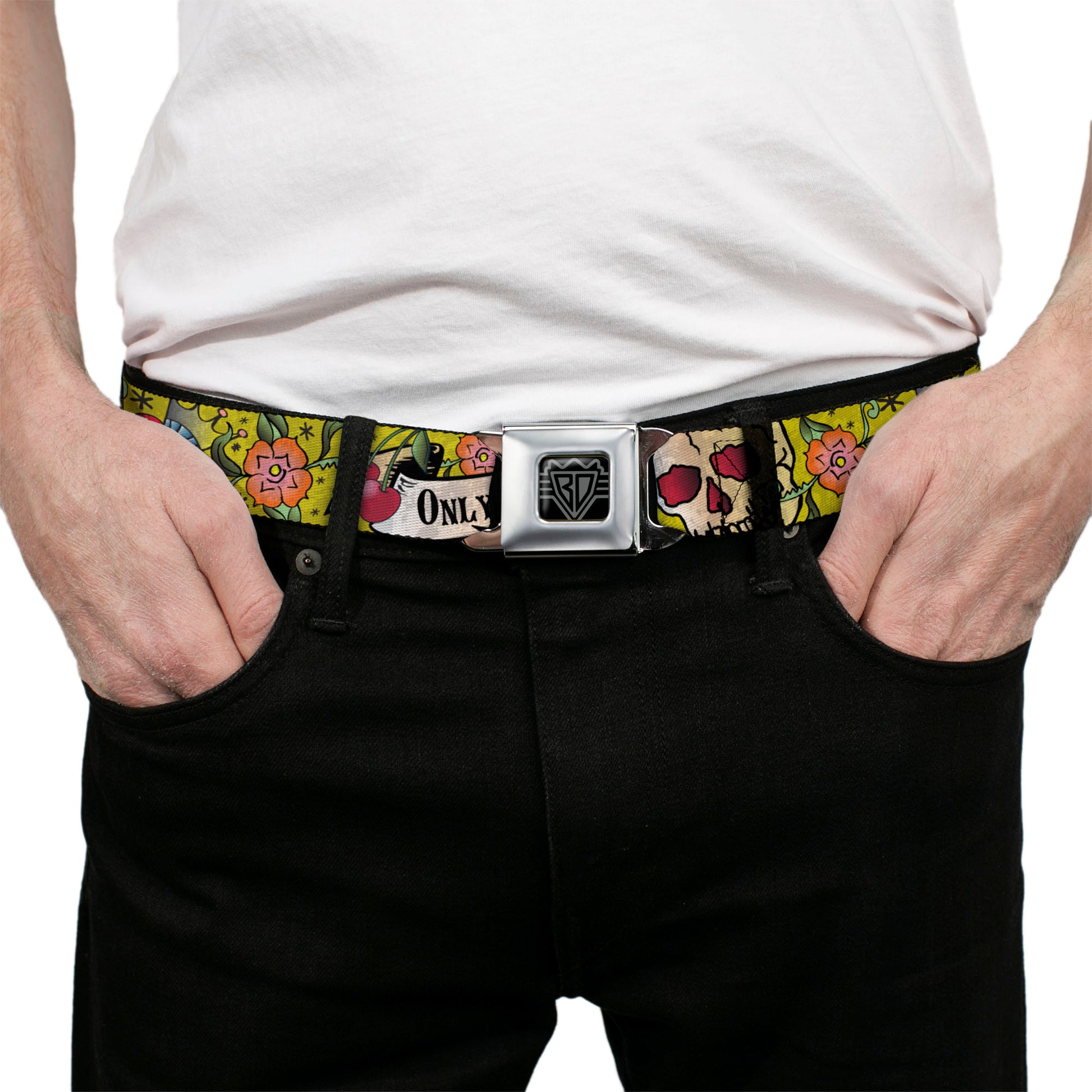 BD Wings Logo CLOSE-UP Full Color Black Silver Seatbelt Belt - Only God Can Judge Me Yellow Webbing Seatbelt Belts Buckle-Down