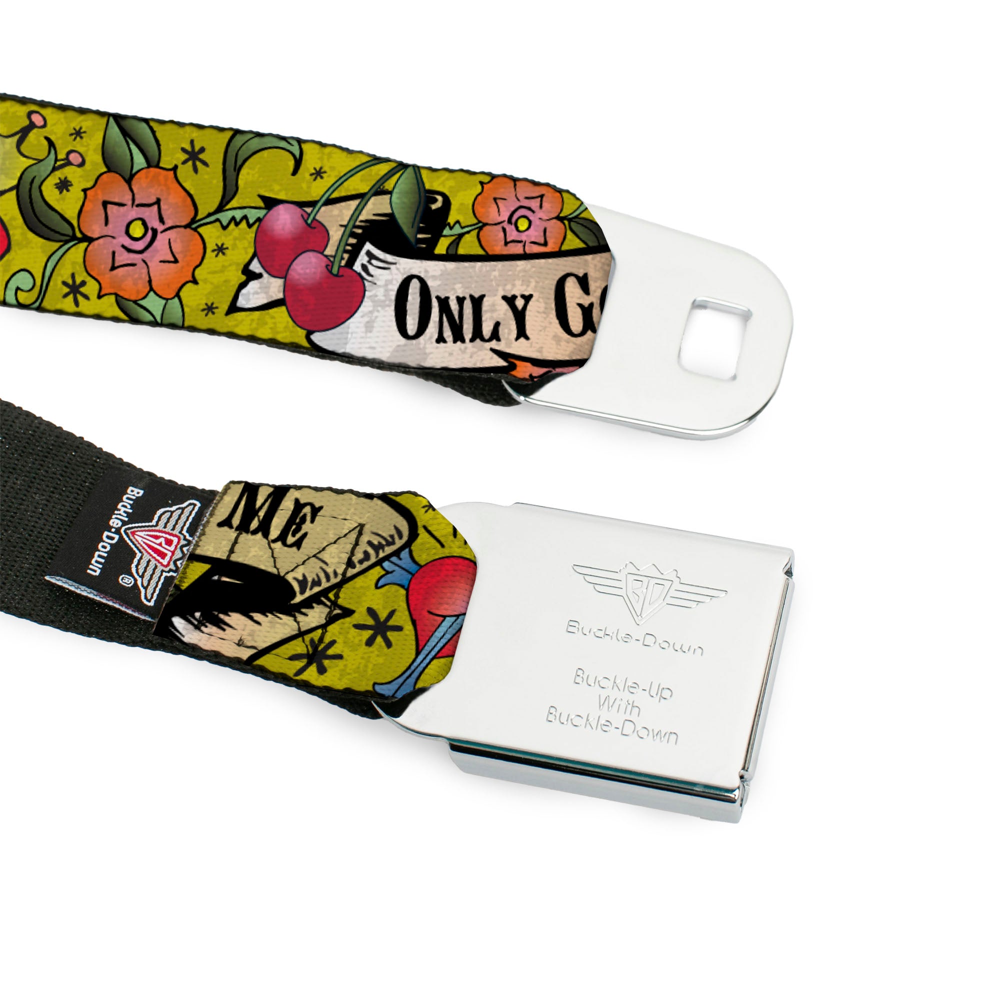 BD Wings Logo CLOSE-UP Full Color Black Silver Seatbelt Belt - Only God Can Judge Me Yellow Webbing Seatbelt Belts Buckle-Down