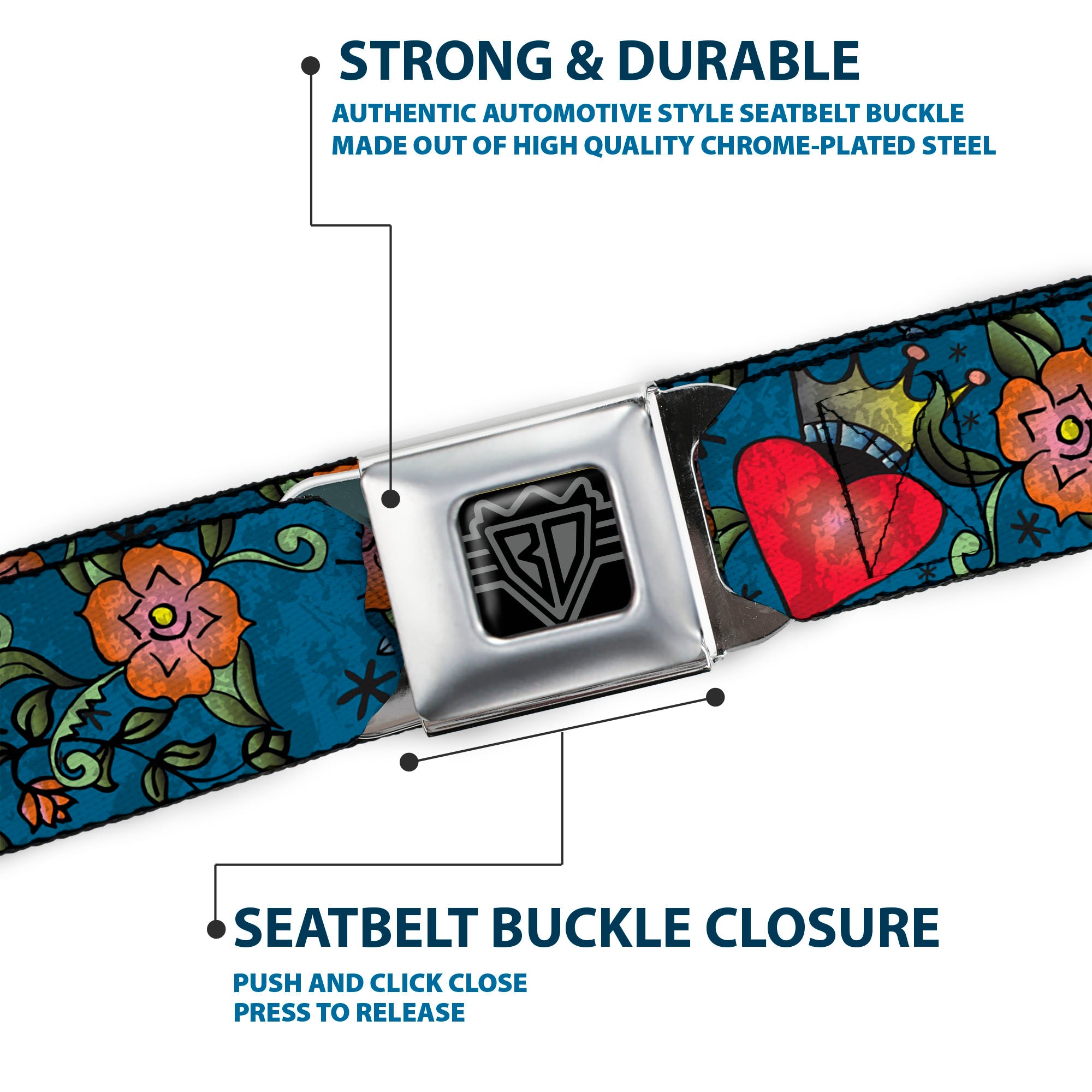 BD Wings Logo CLOSE-UP Full Color Black Silver Seatbelt Belt - Only God Can Judge Me CLOSE-UP Blue Webbing Seatbelt Belts Buckle-Down