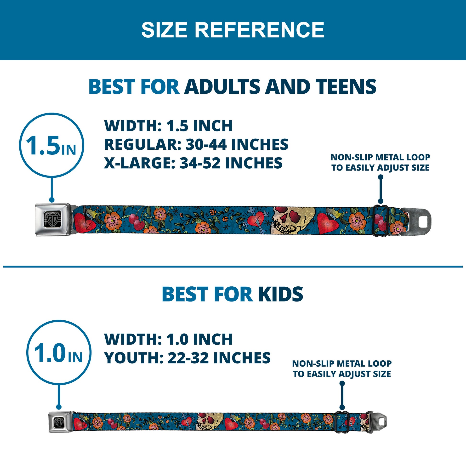 BD Wings Logo CLOSE-UP Full Color Black Silver Seatbelt Belt - Only God Can Judge Me CLOSE-UP Blue Webbing Seatbelt Belts Buckle-Down