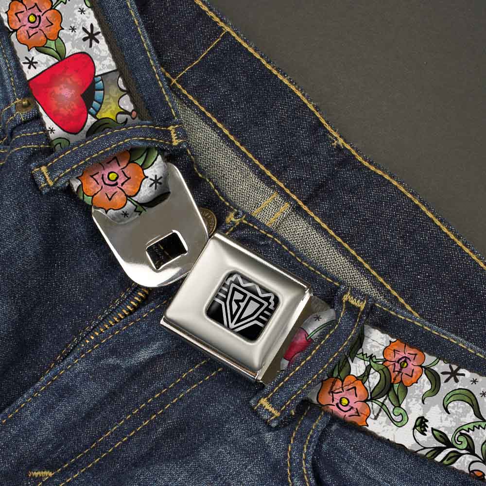 BD Wings Logo CLOSE-UP Full Color Black Silver Seatbelt Belt - Only God Can Judge Me CLOSE-UP White Webbing Seatbelt Belts Buckle-Down