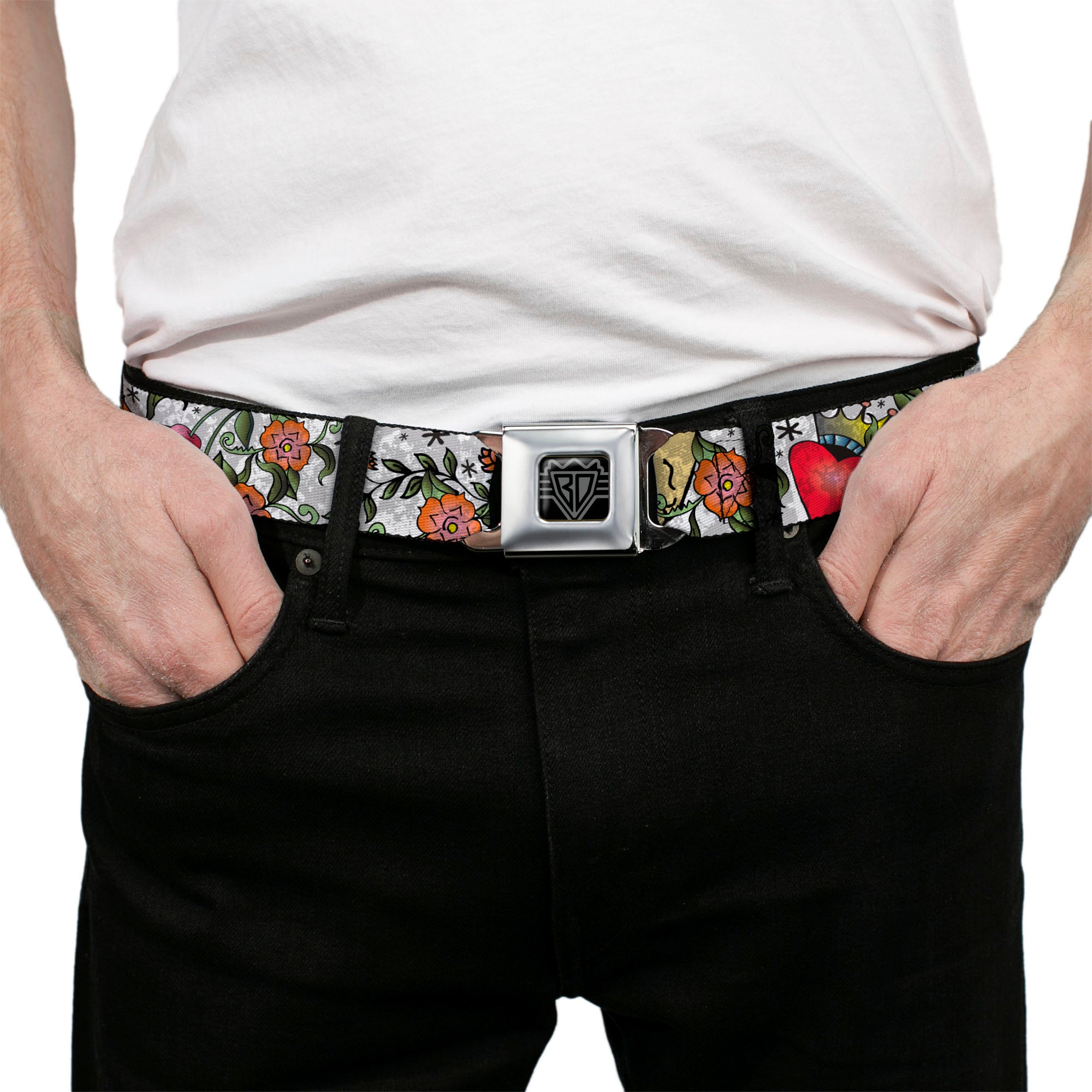 BD Wings Logo CLOSE-UP Full Color Black Silver Seatbelt Belt - Only God Can Judge Me CLOSE-UP White Webbing Seatbelt Belts Buckle-Down