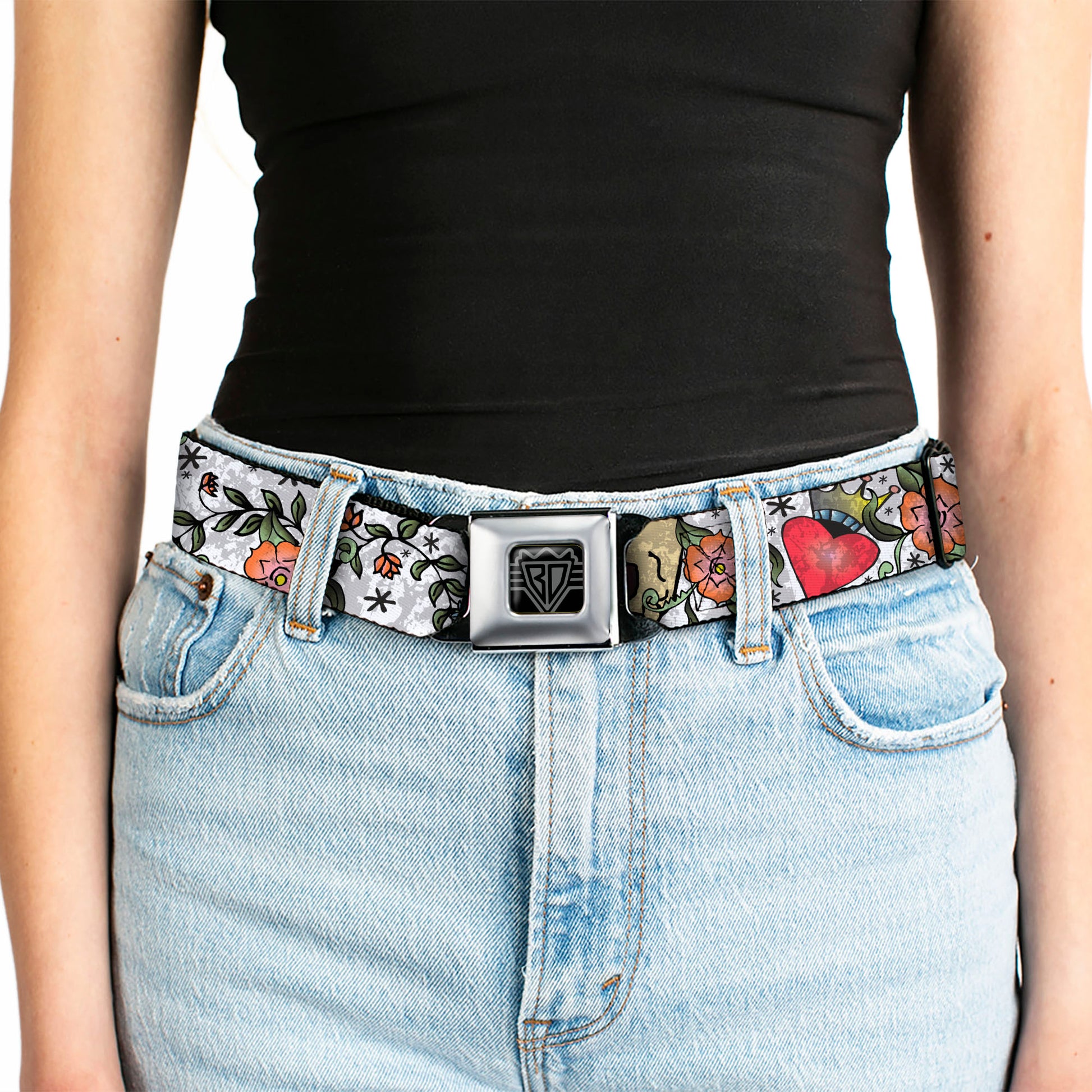 BD Wings Logo CLOSE-UP Full Color Black Silver Seatbelt Belt - Only God Can Judge Me CLOSE-UP White Webbing Seatbelt Belts Buckle-Down