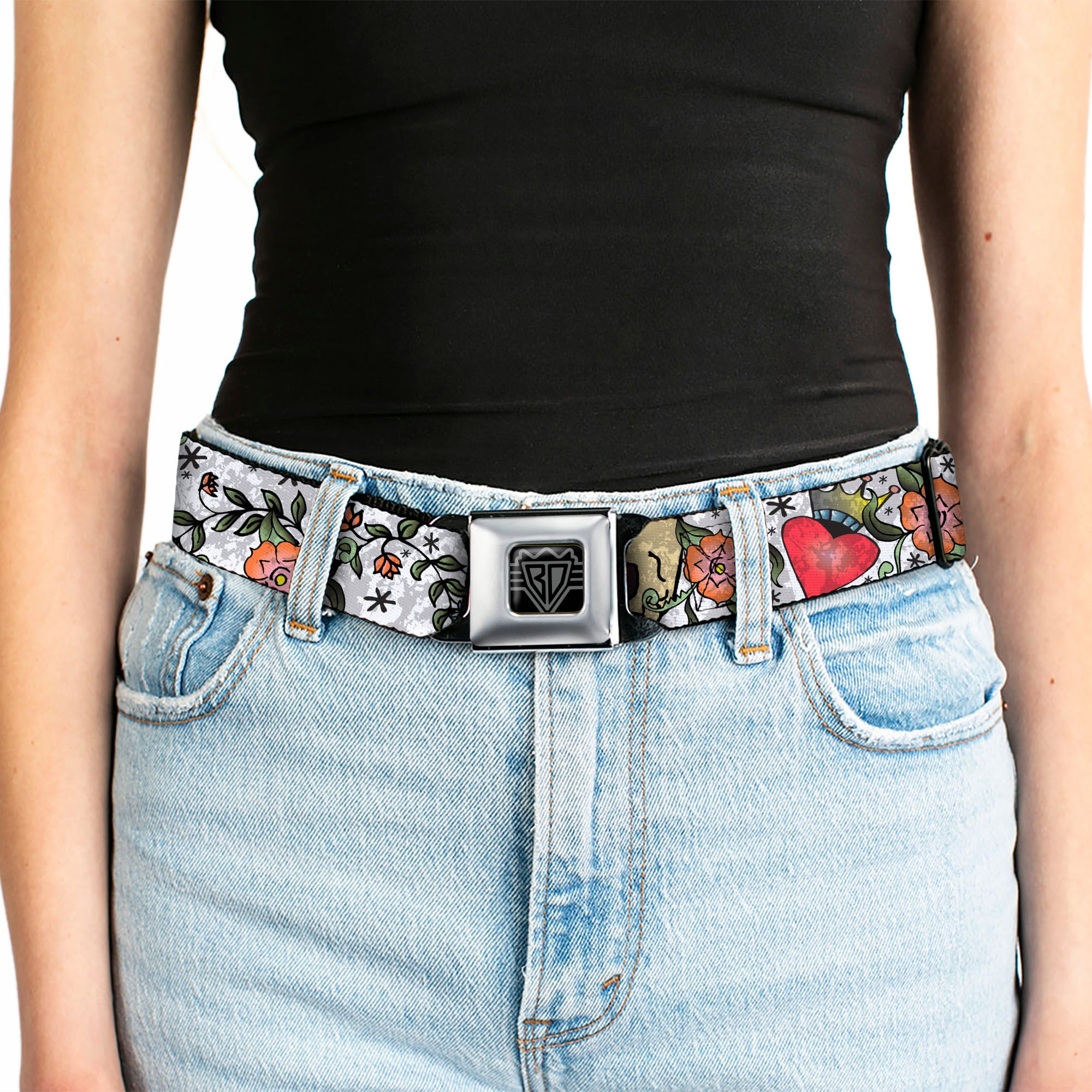 BD Wings Logo CLOSE-UP Full Color Black Silver Seatbelt Belt - Only God Can Judge Me CLOSE-UP White Webbing Seatbelt Belts Buckle-Down