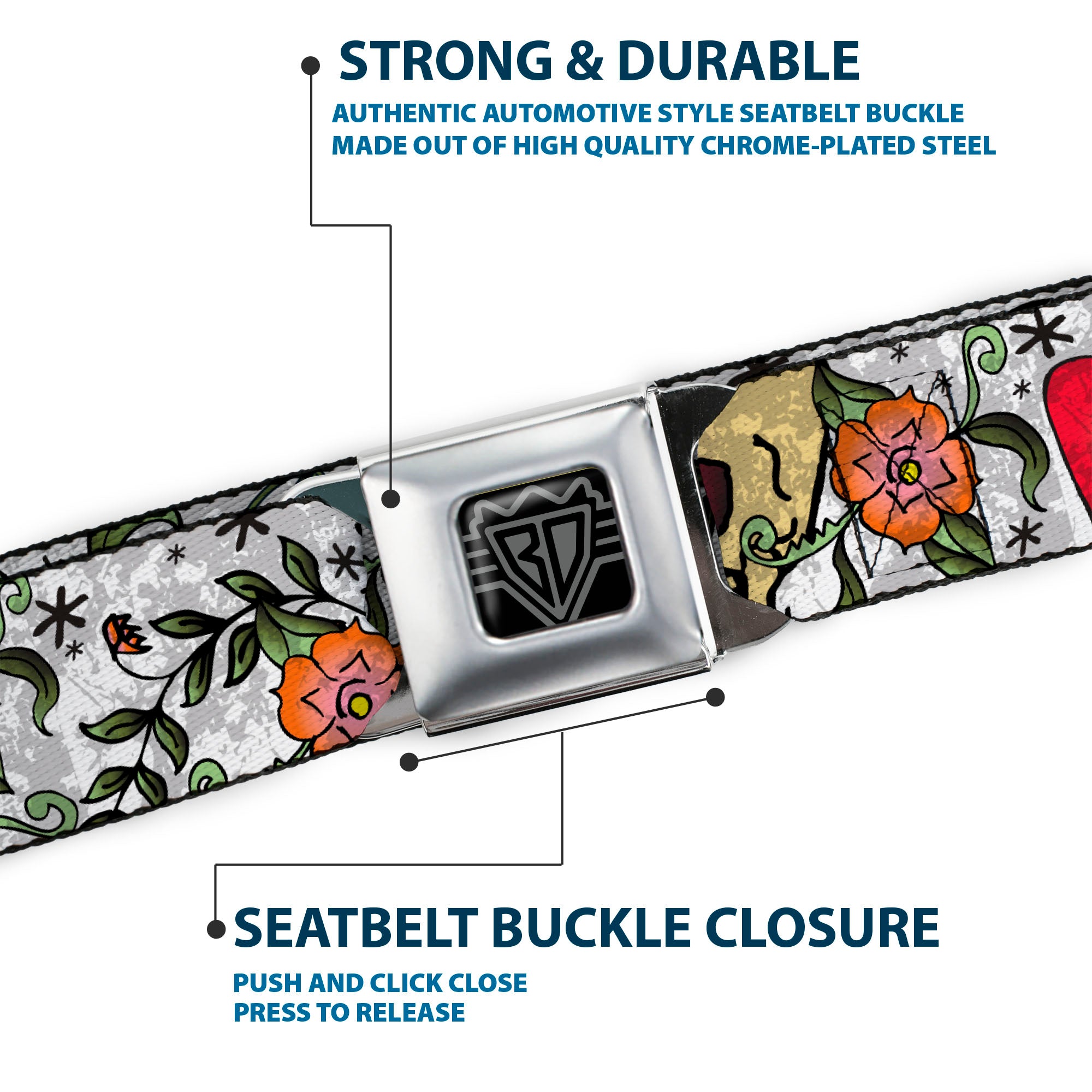 BD Wings Logo CLOSE-UP Full Color Black Silver Seatbelt Belt - Only God Can Judge Me CLOSE-UP White Webbing Seatbelt Belts Buckle-Down