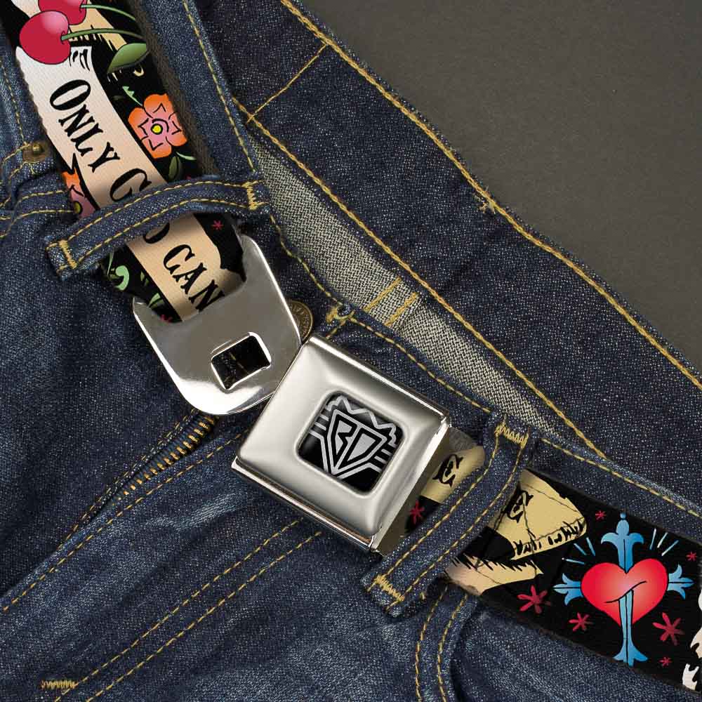 BD Wings Logo CLOSE-UP Full Color Black Silver Seatbelt Belt - Only God Can Judge Me Black Webbing Seatbelt Belts Buckle-Down