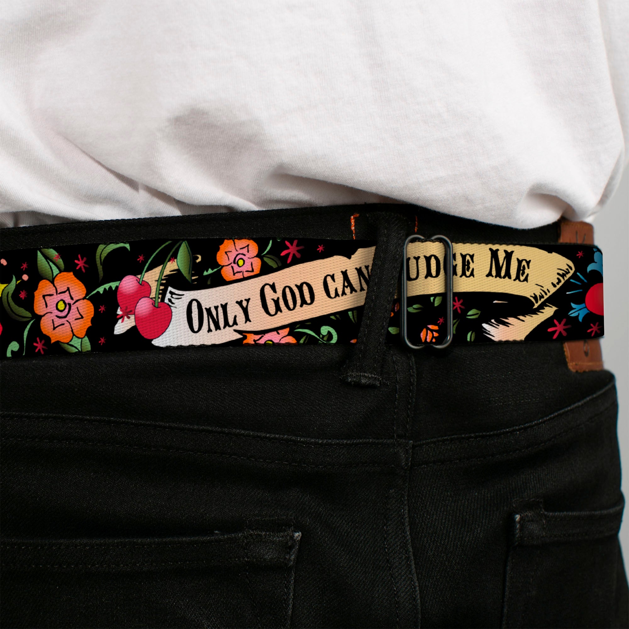 BD Wings Logo CLOSE-UP Full Color Black Silver Seatbelt Belt - Only God Can Judge Me Black Webbing Seatbelt Belts Buckle-Down