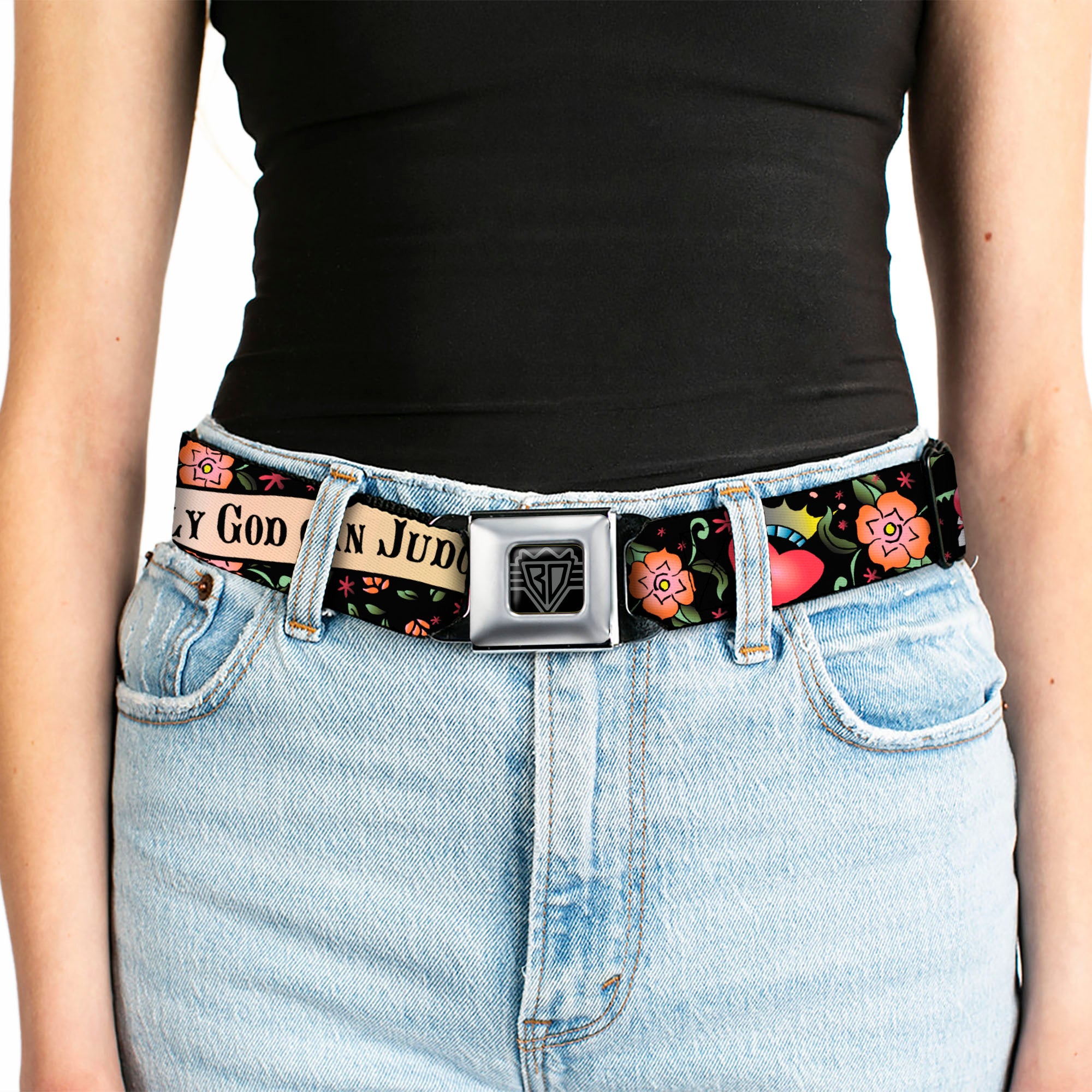 BD Wings Logo CLOSE-UP Full Color Black Silver Seatbelt Belt - Only God Can Judge Me Black Webbing Seatbelt Belts Buckle-Down
