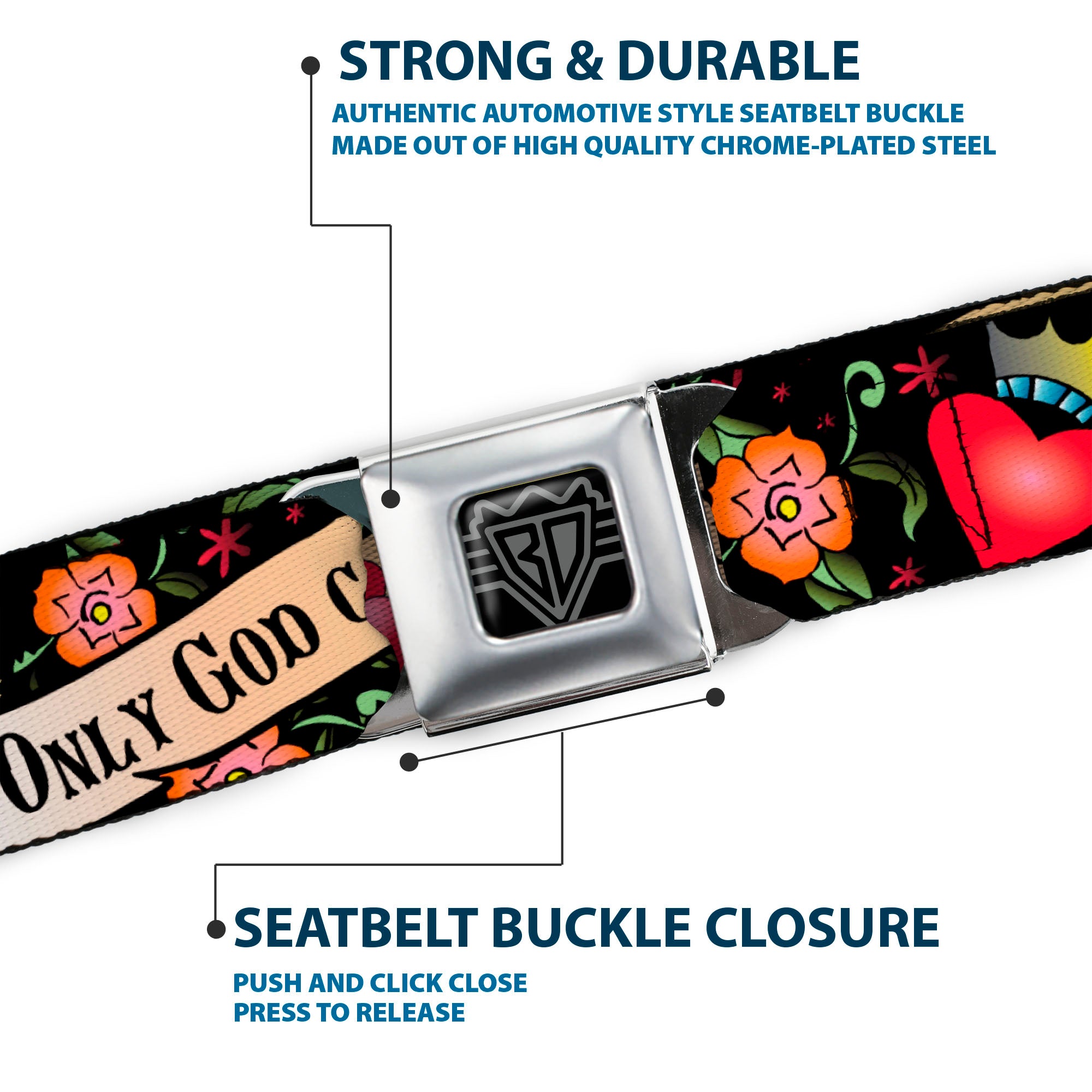 BD Wings Logo CLOSE-UP Full Color Black Silver Seatbelt Belt - Only God Can Judge Me Black Webbing Seatbelt Belts Buckle-Down