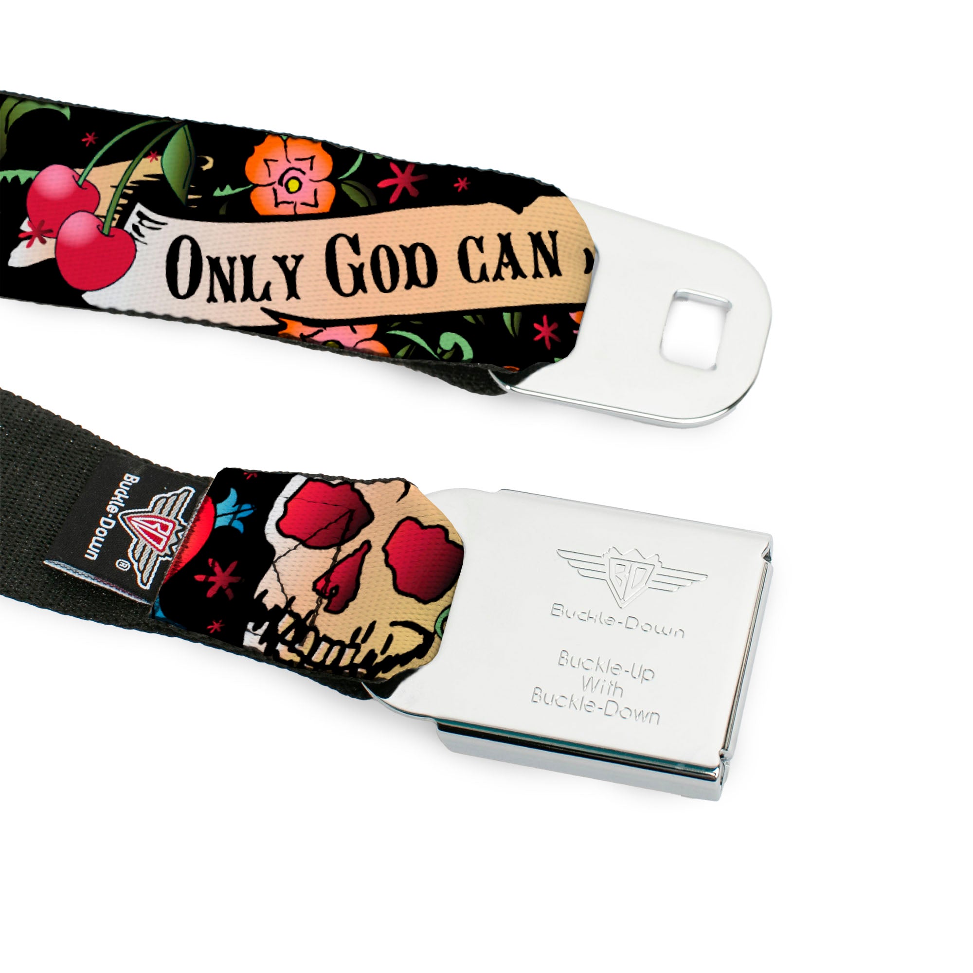 BD Wings Logo CLOSE-UP Full Color Black Silver Seatbelt Belt - Only God Can Judge Me Black Webbing Seatbelt Belts Buckle-Down