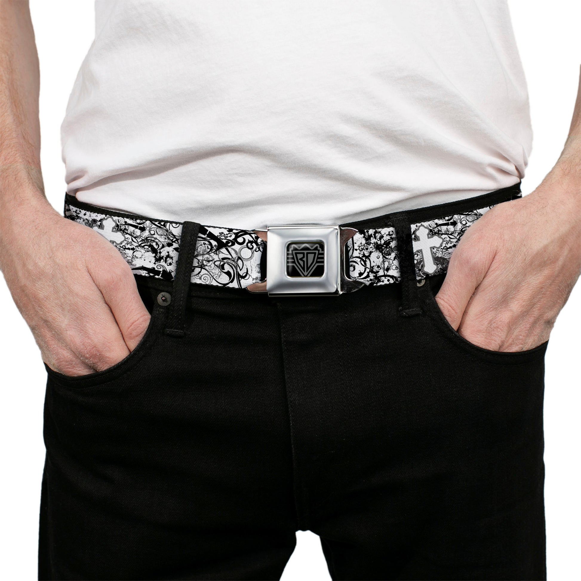 BD Wings Logo CLOSE-UP Full Color Black Silver Seatbelt Belt - Orthodox Chaos Webbing Seatbelt Belts Buckle-Down