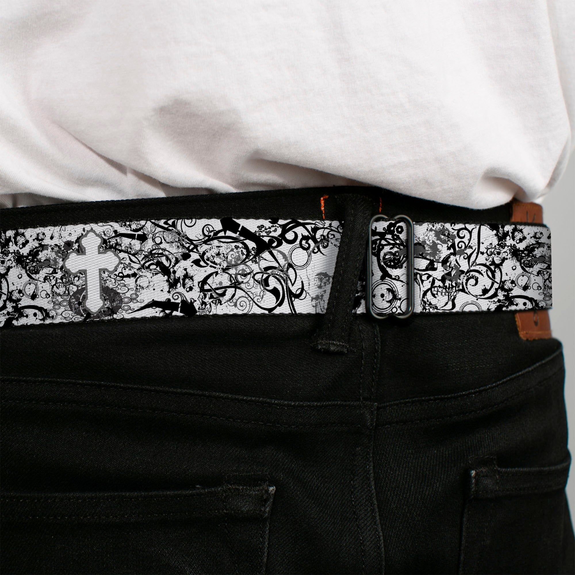 BD Wings Logo CLOSE-UP Full Color Black Silver Seatbelt Belt - Orthodox Chaos Webbing Seatbelt Belts Buckle-Down