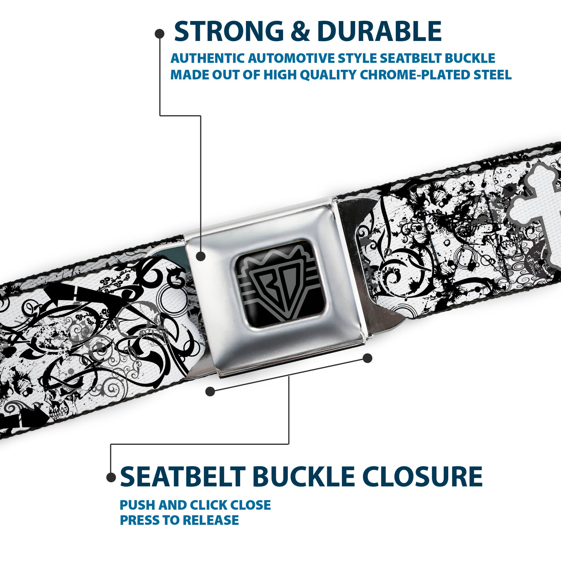 BD Wings Logo CLOSE-UP Full Color Black Silver Seatbelt Belt - Orthodox Chaos Webbing Seatbelt Belts Buckle-Down