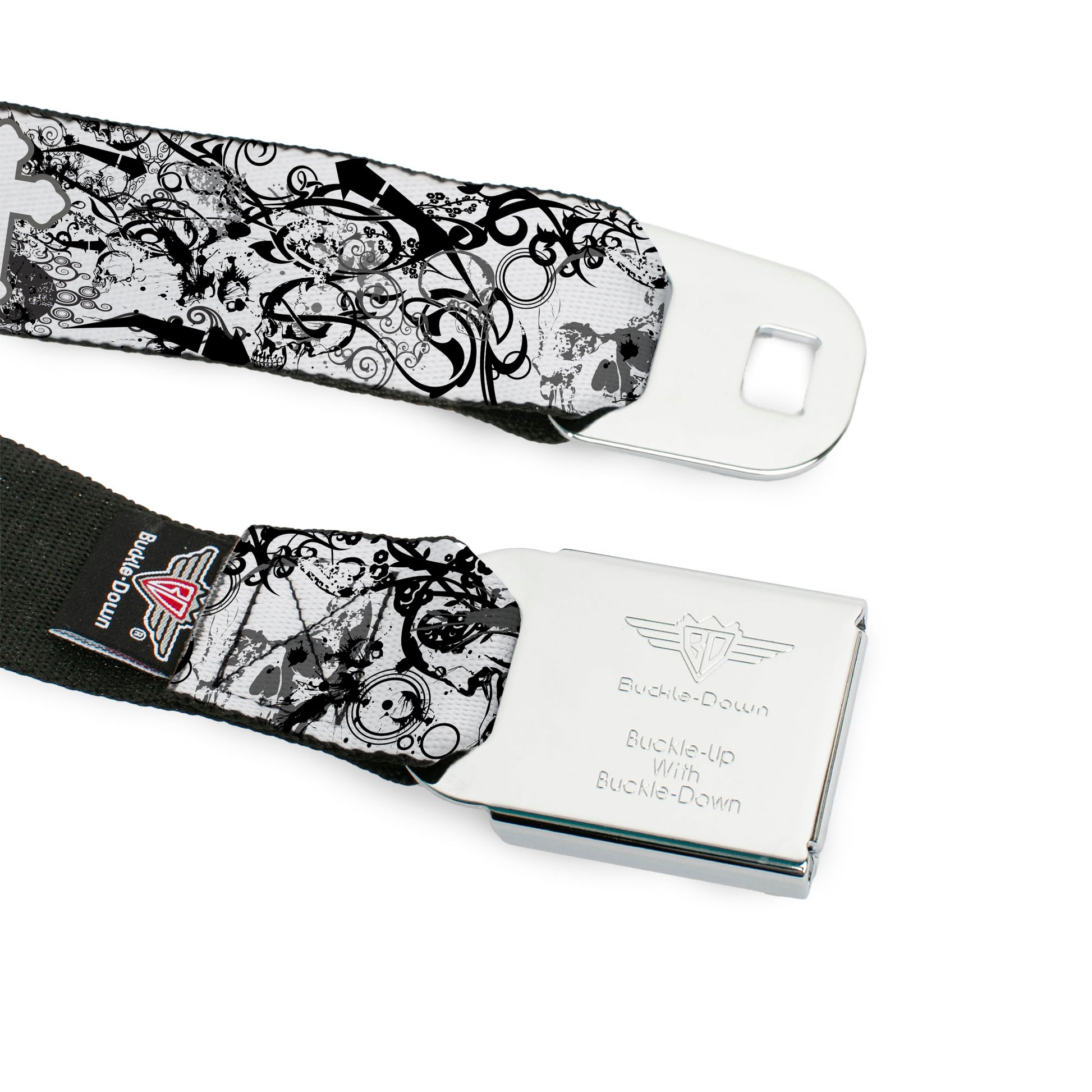 BD Wings Logo CLOSE-UP Full Color Black Silver Seatbelt Belt - Orthodox Chaos Webbing Seatbelt Belts Buckle-Down