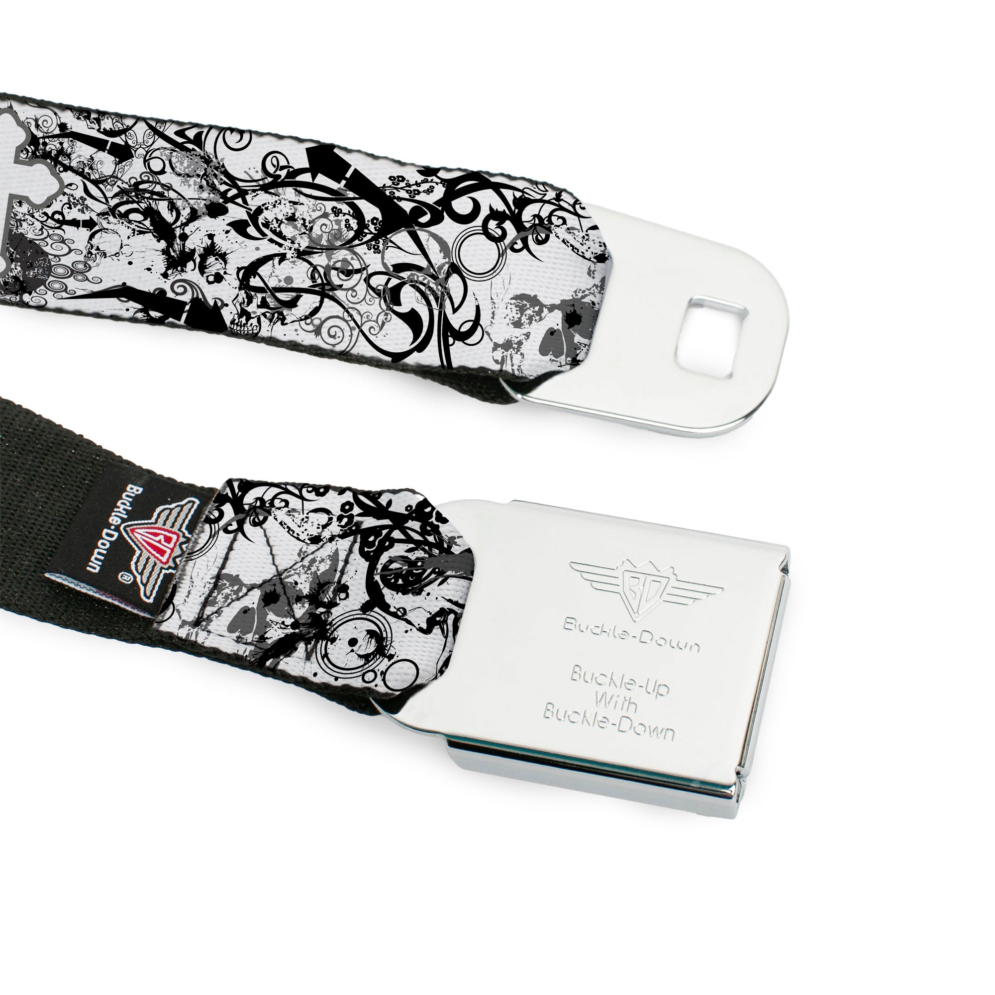 BD Wings Logo CLOSE-UP Full Color Black Silver Seatbelt Belt - Orthodox Chaos Webbing Seatbelt Belts Buckle-Down