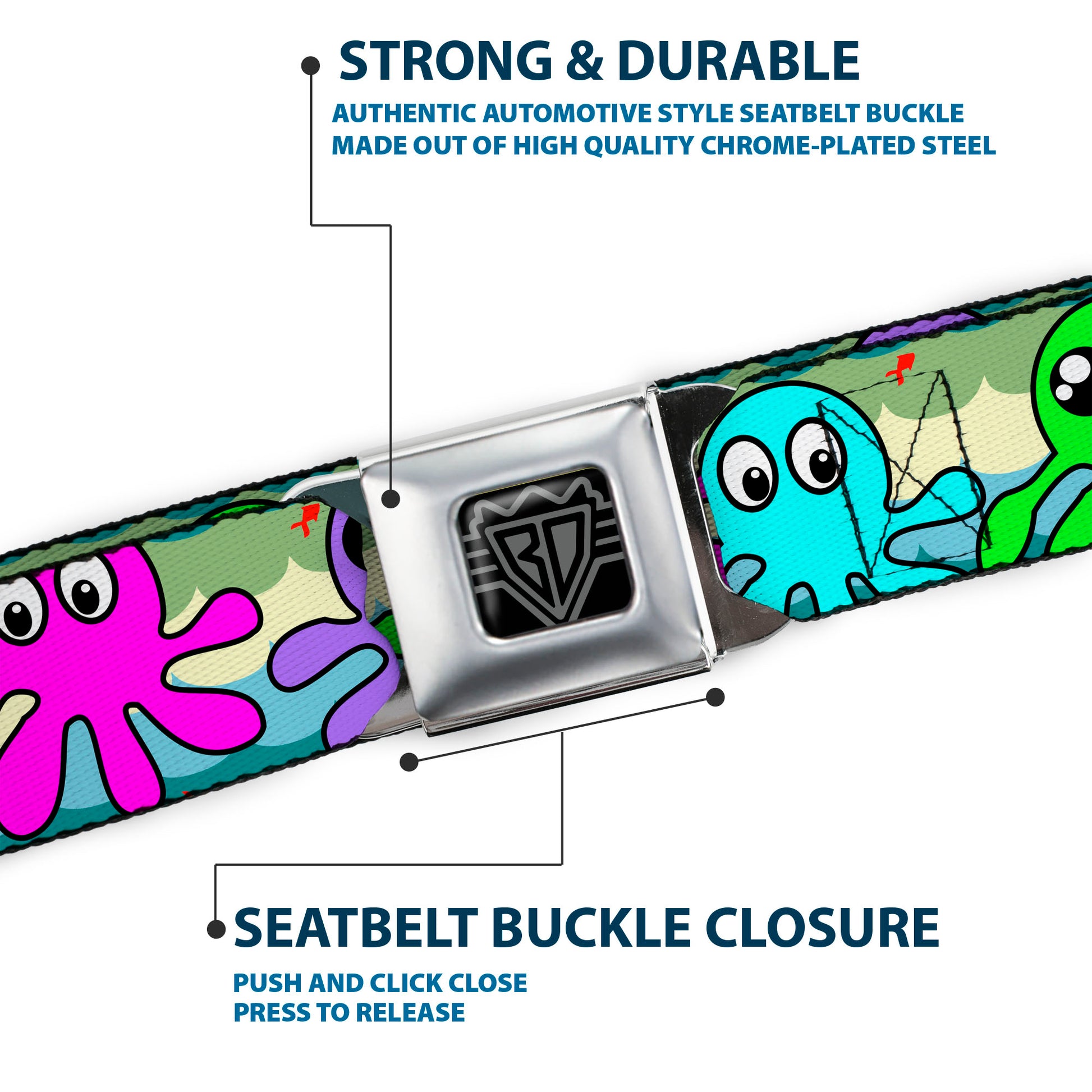 BD Wings Logo CLOSE-UP Full Color Black Silver Seatbelt Belt - Octopus Cartoon Webbing Seatbelt Belts Buckle-Down