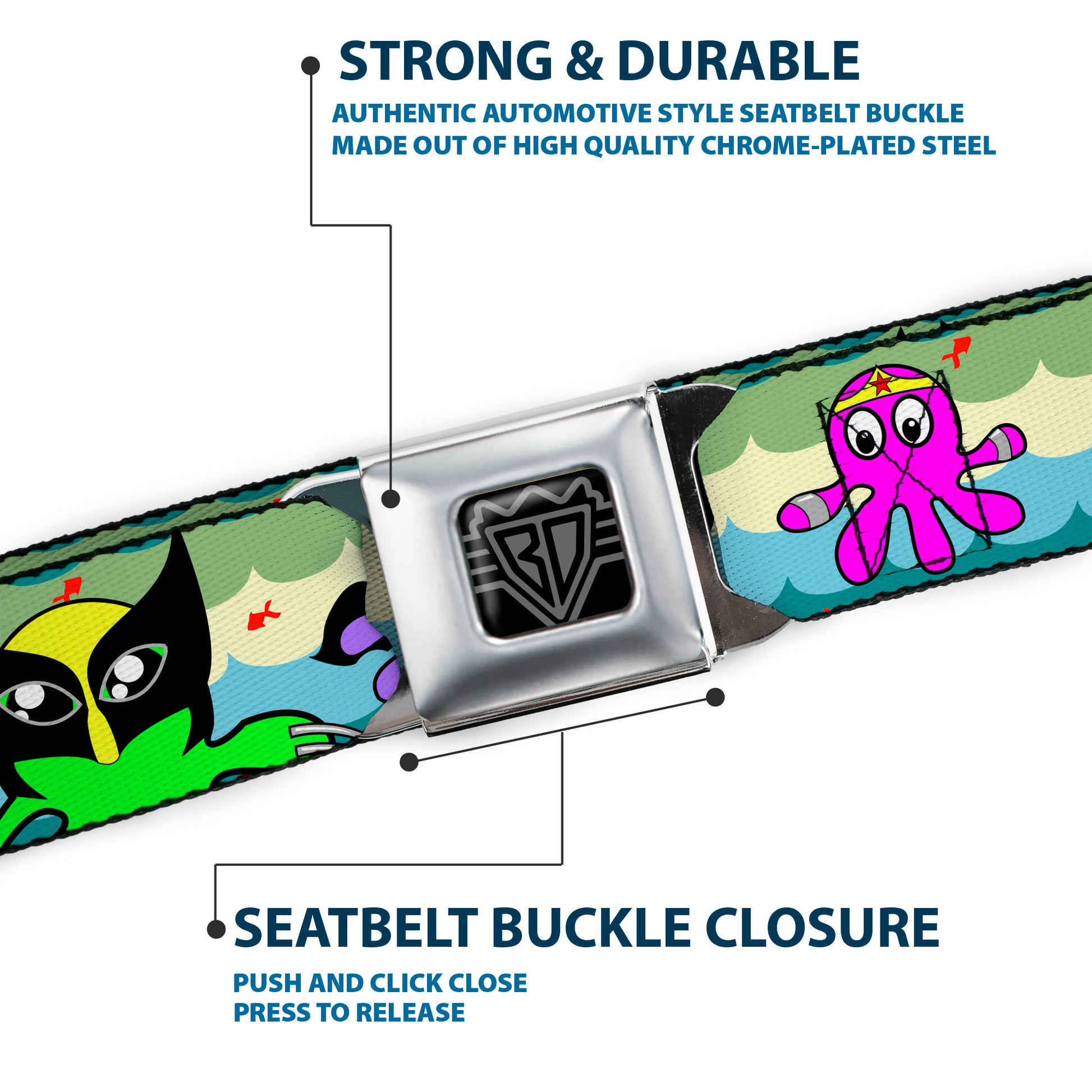 BD Wings Logo CLOSE-UP Full Color Black Silver Seatbelt Belt - Octopus Superhero Cartoon Webbing Seatbelt Belts Buckle-Down