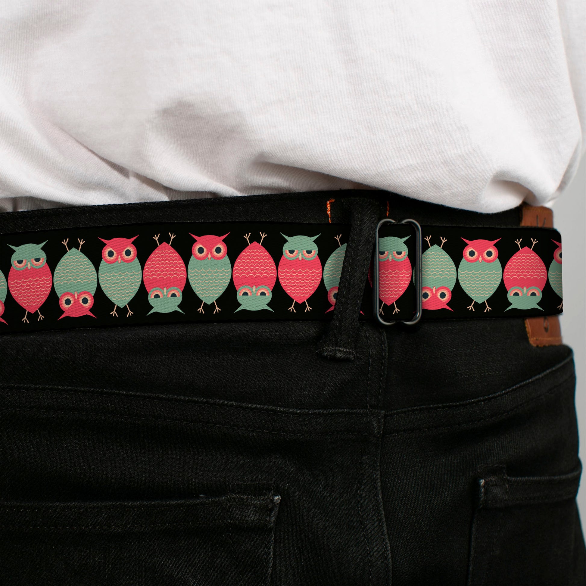 BD Wings Logo CLOSE-UP Full Color Black Silver Seatbelt Belt - Owls Flip Black/Mauve/Sage Webbing Seatbelt Belts Buckle-Down