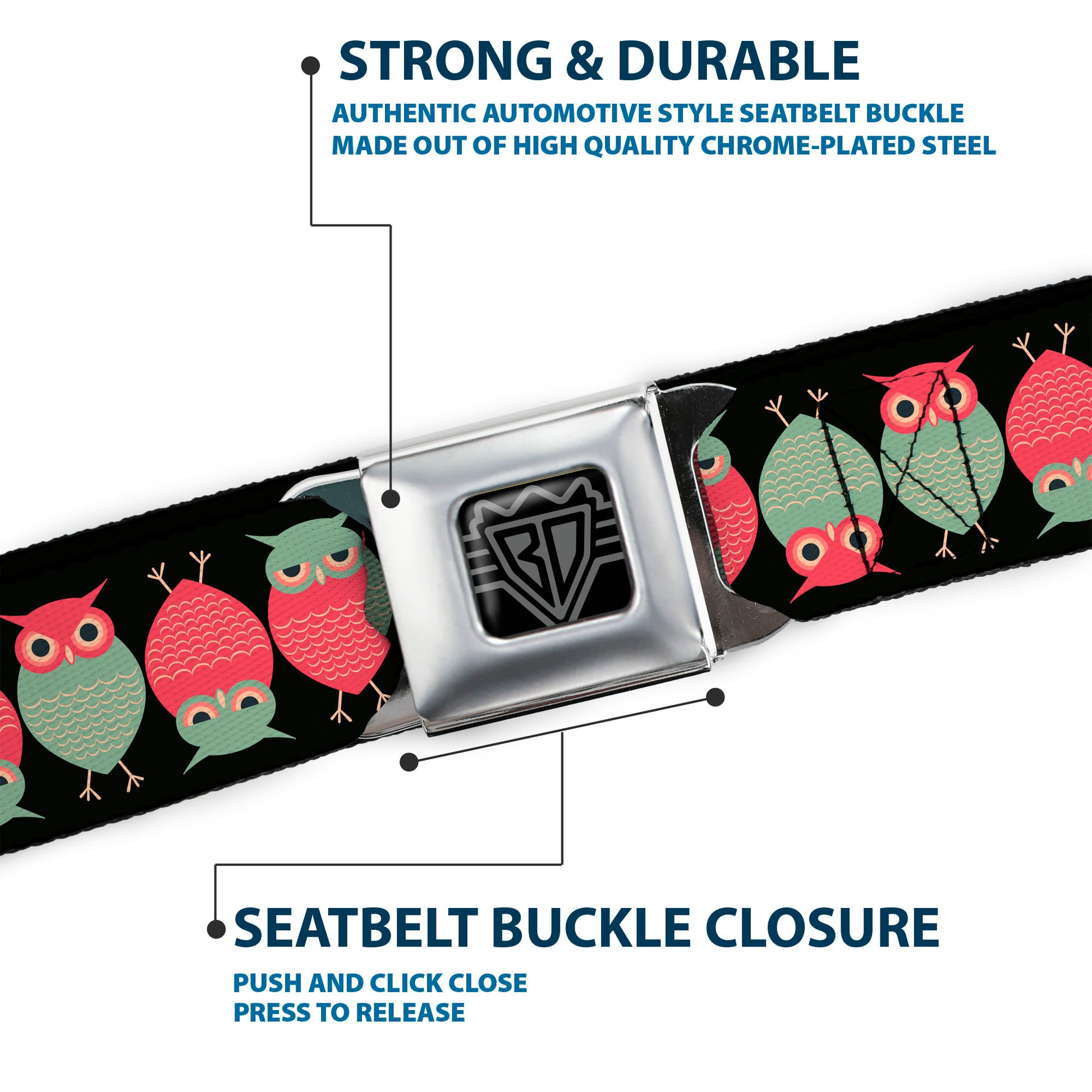 BD Wings Logo CLOSE-UP Full Color Black Silver Seatbelt Belt - Owls Flip Black/Mauve/Sage Webbing Seatbelt Belts Buckle-Down