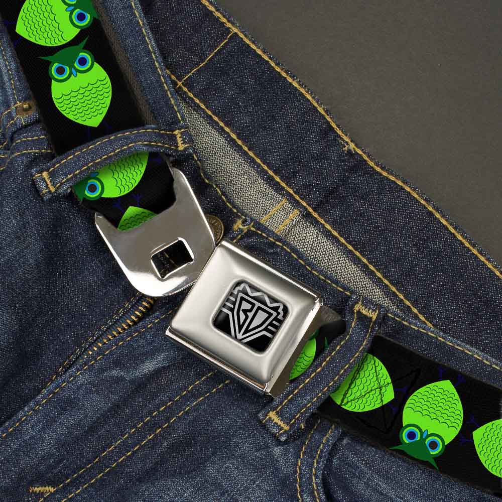 BD Wings Logo CLOSE-UP Full Color Black Silver Seatbelt Belt - Owls Spin Black/Green Webbing Seatbelt Belts Buckle-Down