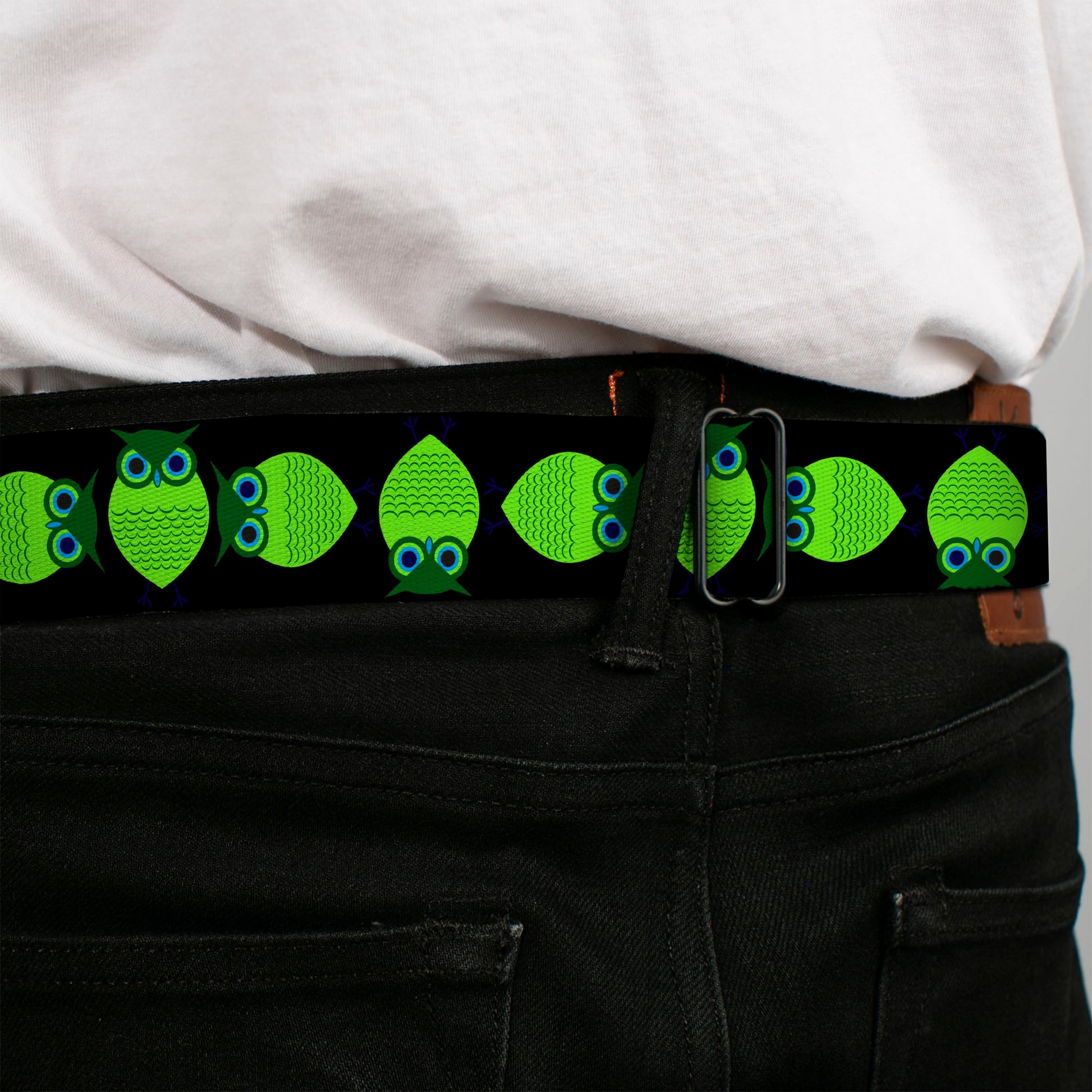 BD Wings Logo CLOSE-UP Full Color Black Silver Seatbelt Belt - Owls Spin Black/Green Webbing Seatbelt Belts Buckle-Down