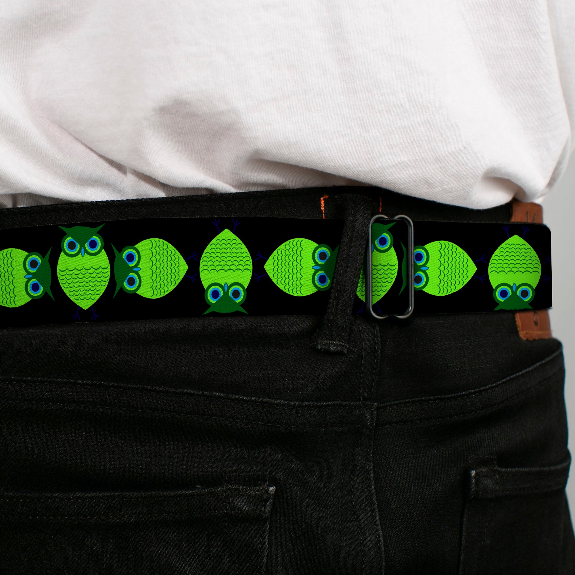 BD Wings Logo CLOSE-UP Full Color Black Silver Seatbelt Belt - Owls Spin Black/Green Webbing Seatbelt Belts Buckle-Down