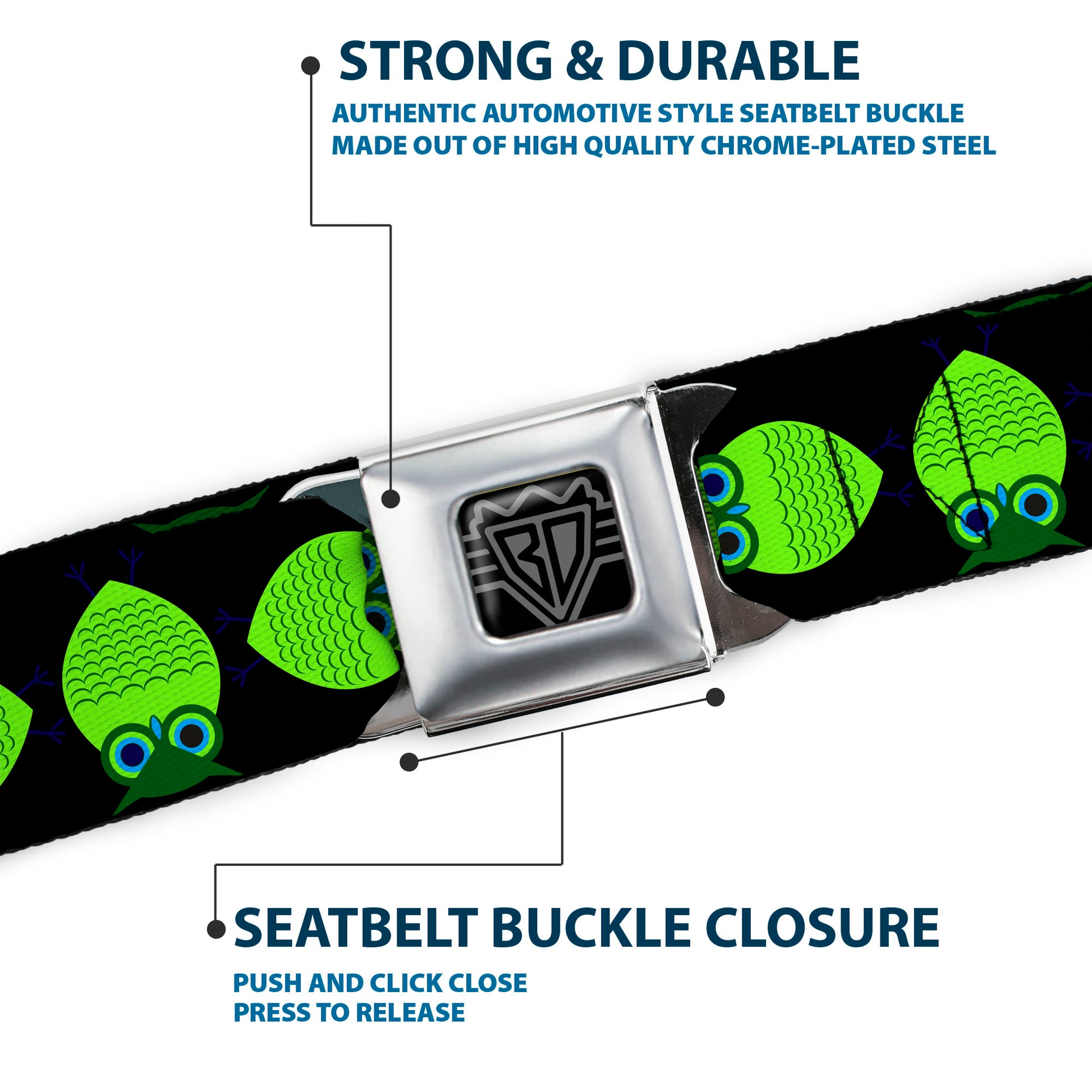 BD Wings Logo CLOSE-UP Full Color Black Silver Seatbelt Belt - Owls Spin Black/Green Webbing Seatbelt Belts Buckle-Down