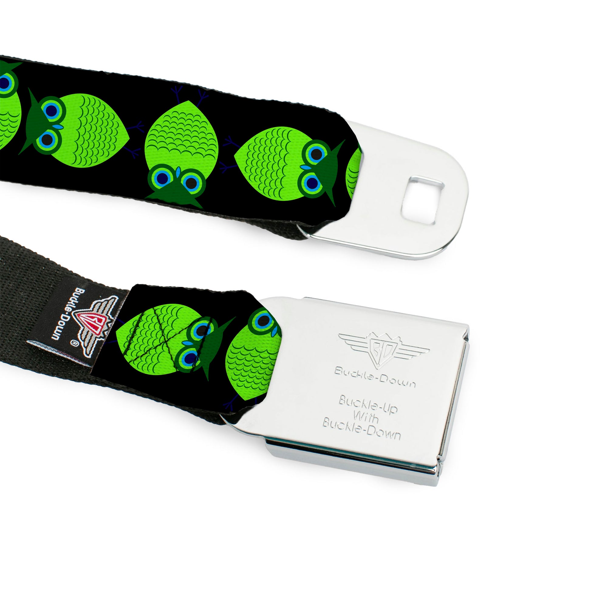 BD Wings Logo CLOSE-UP Full Color Black Silver Seatbelt Belt - Owls Spin Black/Green Webbing Seatbelt Belts Buckle-Down