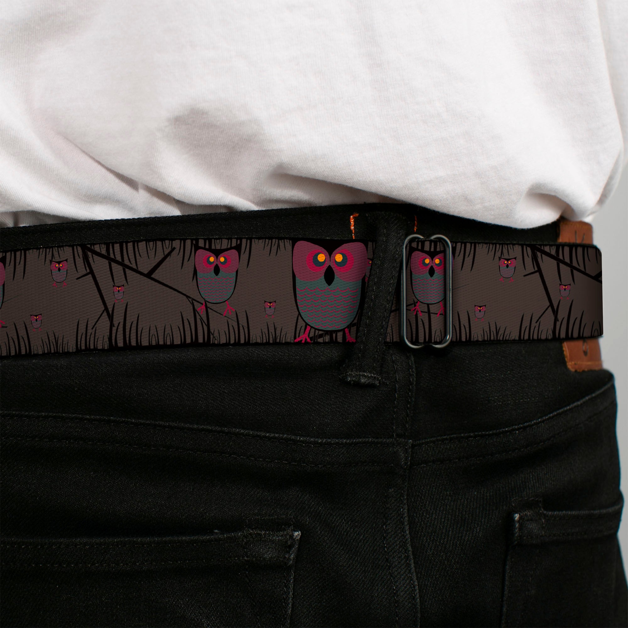 BD Wings Logo CLOSE-UP Full Color Black Silver Seatbelt Belt - Owls in Trees Purple Webbing Seatbelt Belts Buckle-Down
