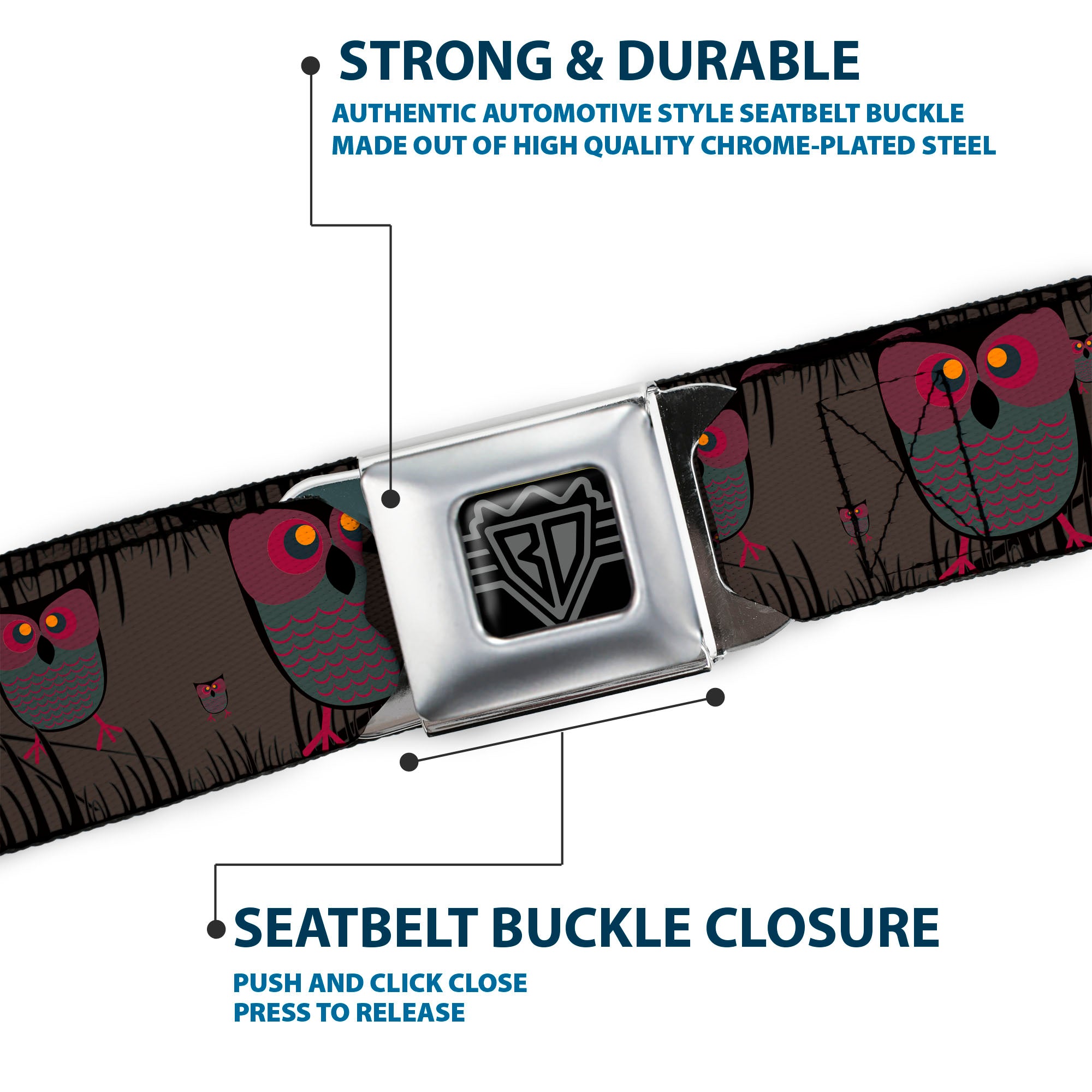 BD Wings Logo CLOSE-UP Full Color Black Silver Seatbelt Belt - Owls in Trees Purple Webbing Seatbelt Belts Buckle-Down