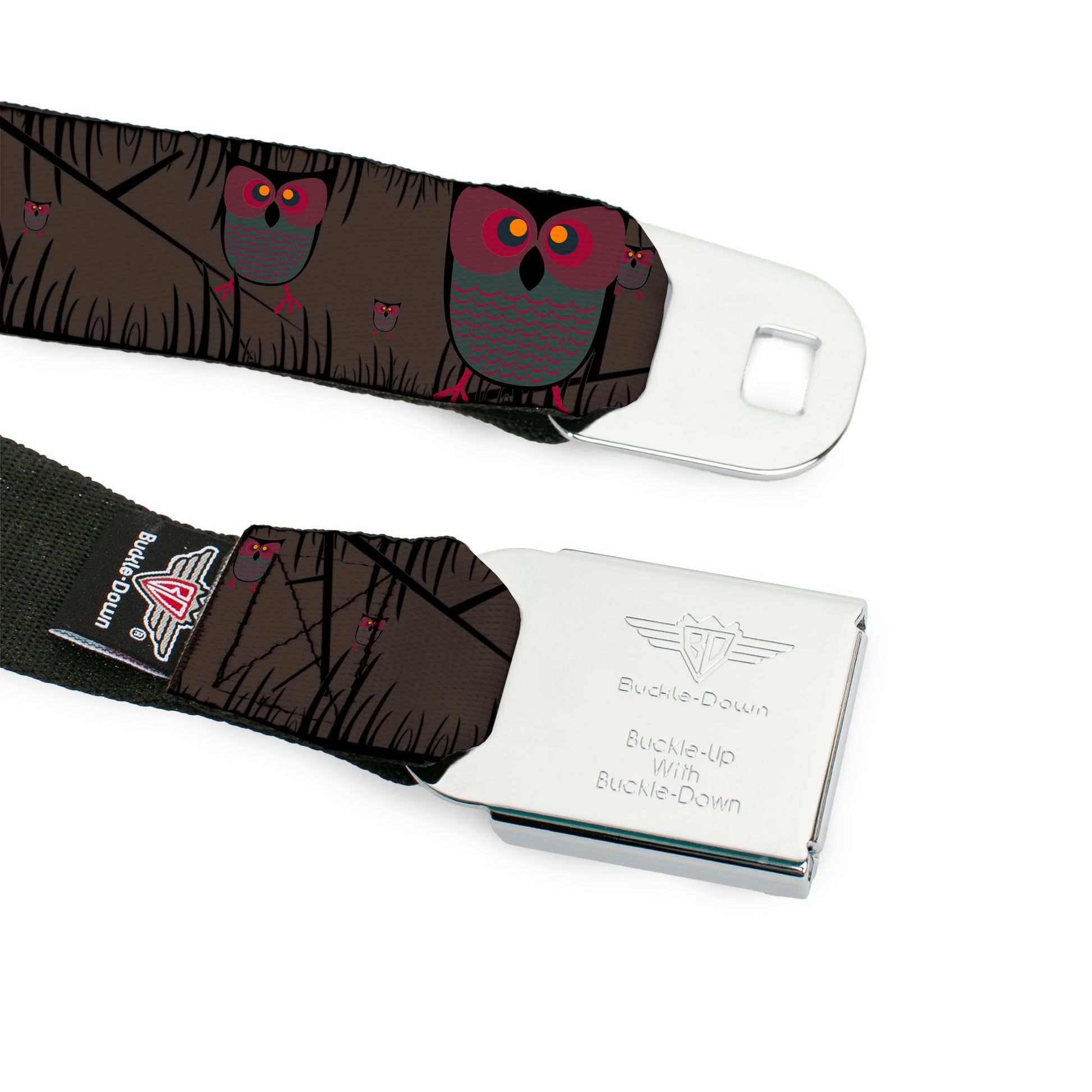 BD Wings Logo CLOSE-UP Full Color Black Silver Seatbelt Belt - Owls in Trees Purple Webbing Seatbelt Belts Buckle-Down