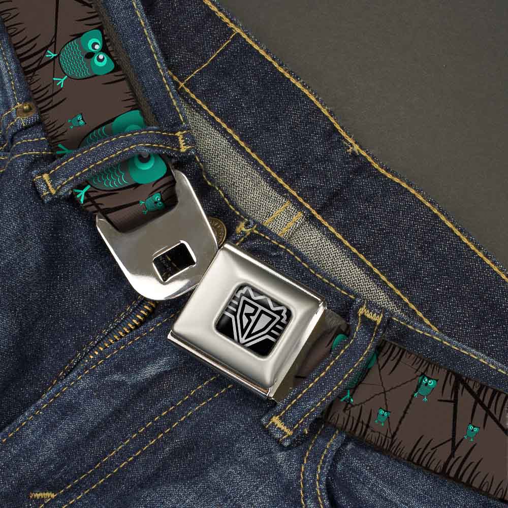 BD Wings Logo CLOSE-UP Full Color Black Silver Seatbelt Belt - Owls in Trees Turquoise Webbing Seatbelt Belts Buckle-Down