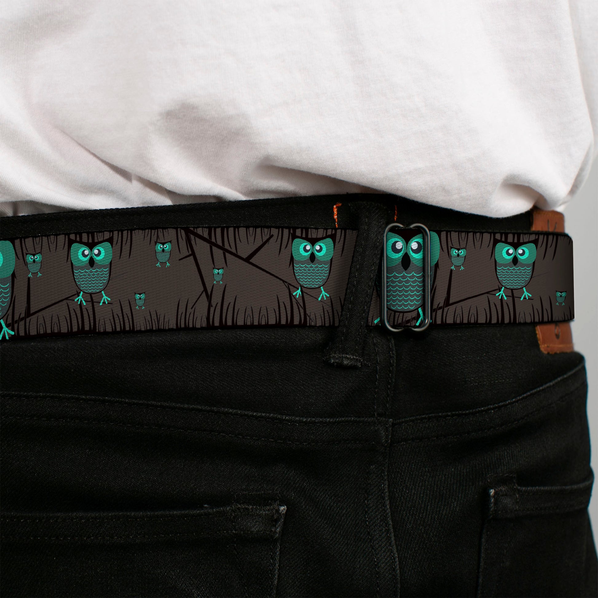 BD Wings Logo CLOSE-UP Full Color Black Silver Seatbelt Belt - Owls in Trees Turquoise Webbing Seatbelt Belts Buckle-Down