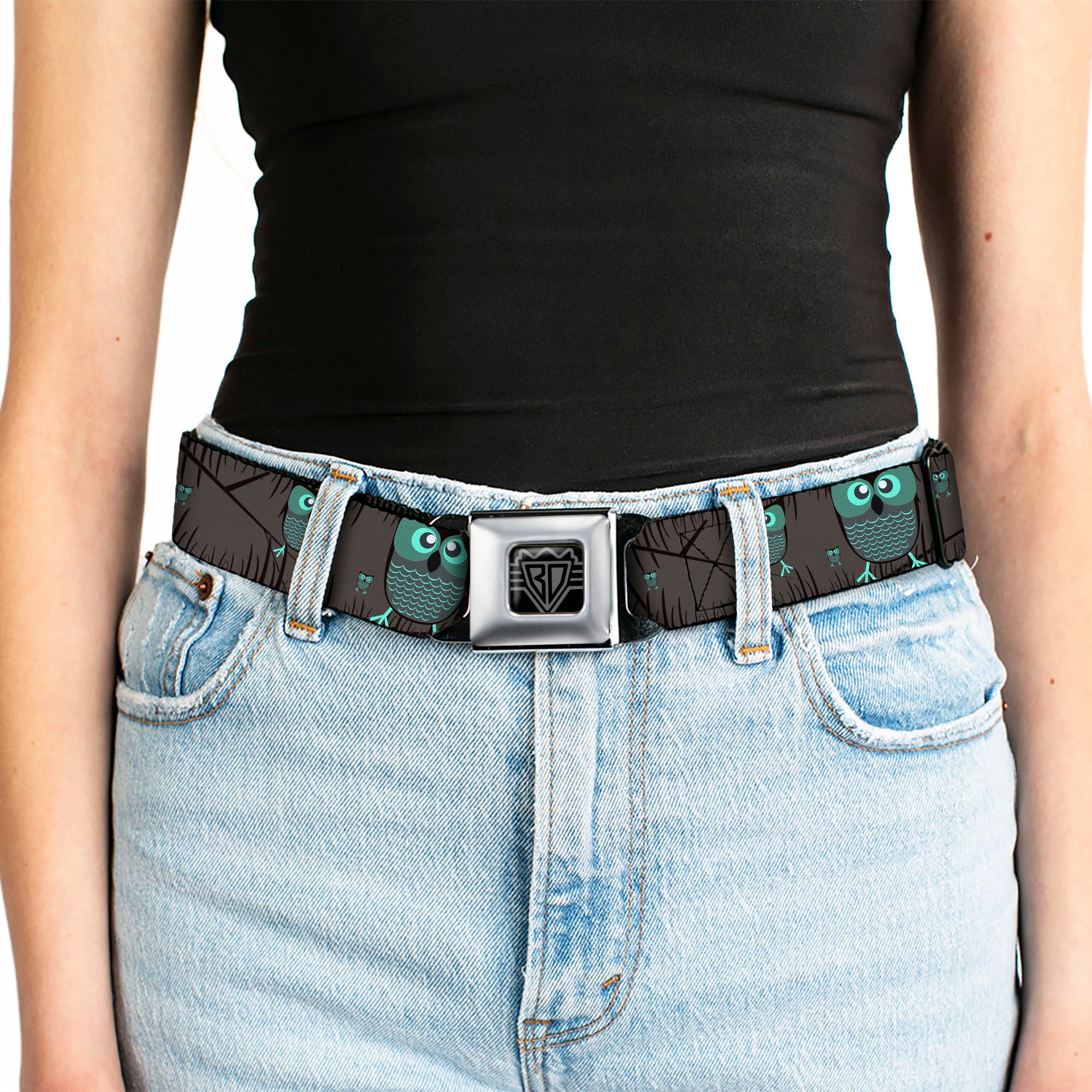 BD Wings Logo CLOSE-UP Full Color Black Silver Seatbelt Belt - Owls in Trees Turquoise Webbing Seatbelt Belts Buckle-Down