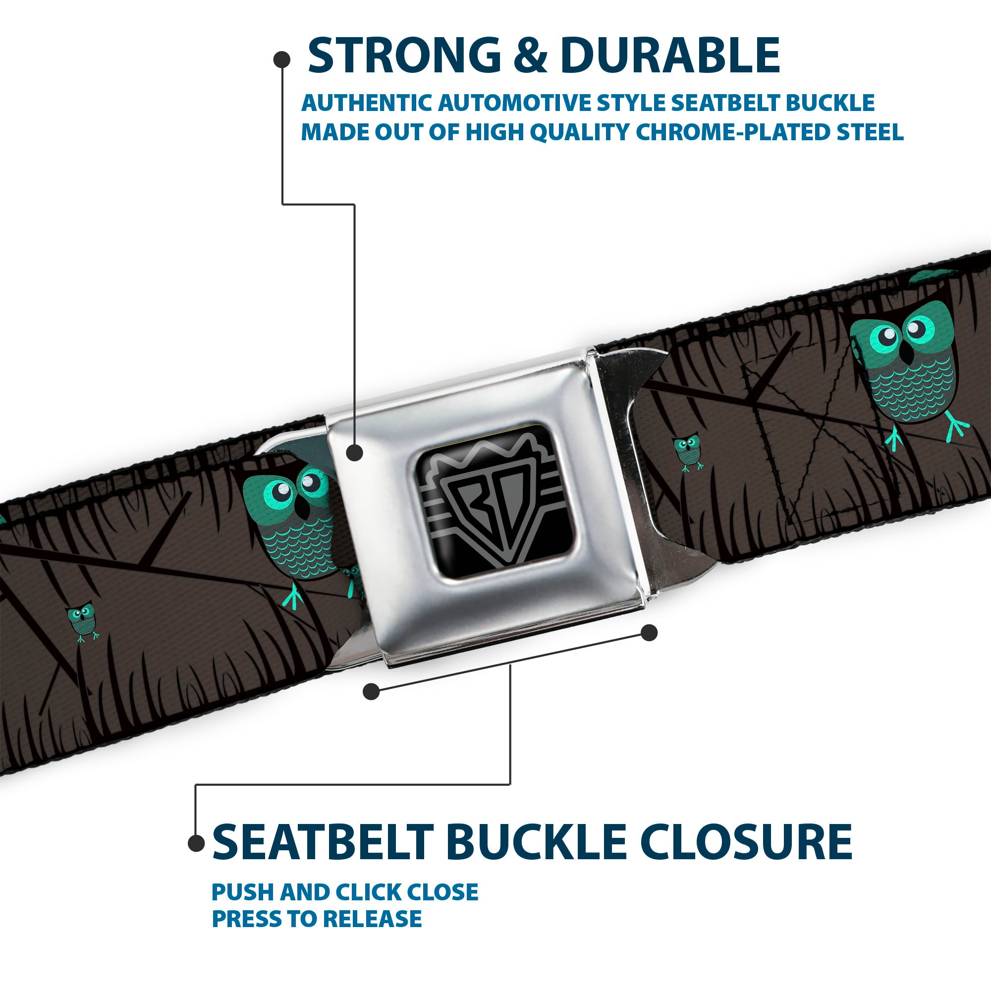 BD Wings Logo CLOSE-UP Full Color Black Silver Seatbelt Belt - Owls in Trees Turquoise Webbing Seatbelt Belts Buckle-Down