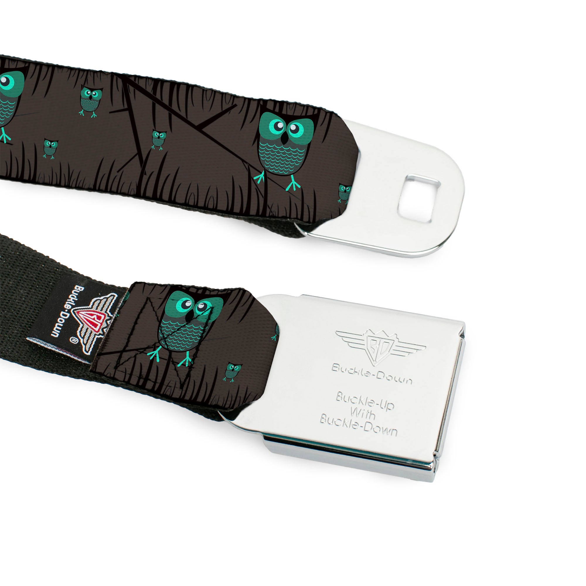 BD Wings Logo CLOSE-UP Full Color Black Silver Seatbelt Belt - Owls in Trees Turquoise Webbing Seatbelt Belts Buckle-Down