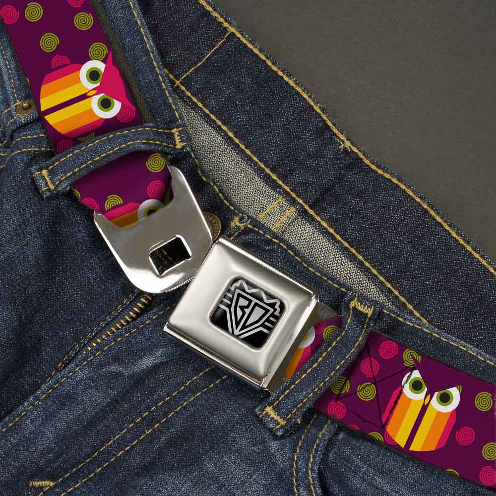 BD Wings Logo CLOSE-UP Full Color Black Silver Seatbelt Belt - Owls Striped w/Swirls Purple Webbing Seatbelt Belts Buckle-Down
