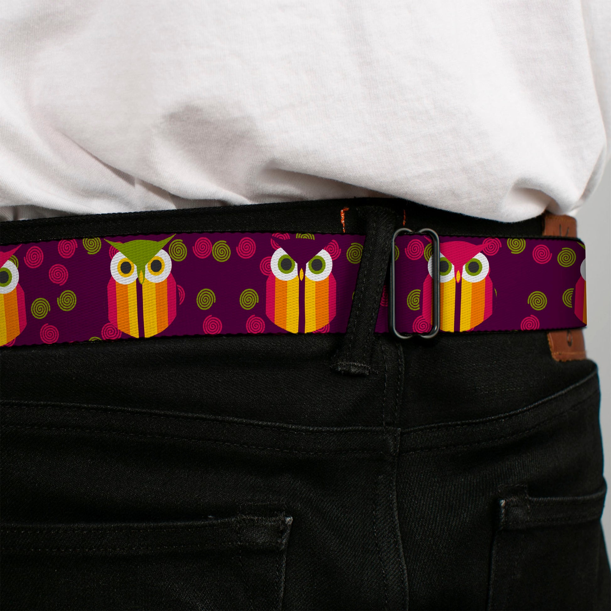 BD Wings Logo CLOSE-UP Full Color Black Silver Seatbelt Belt - Owls Striped w/Swirls Purple Webbing Seatbelt Belts Buckle-Down