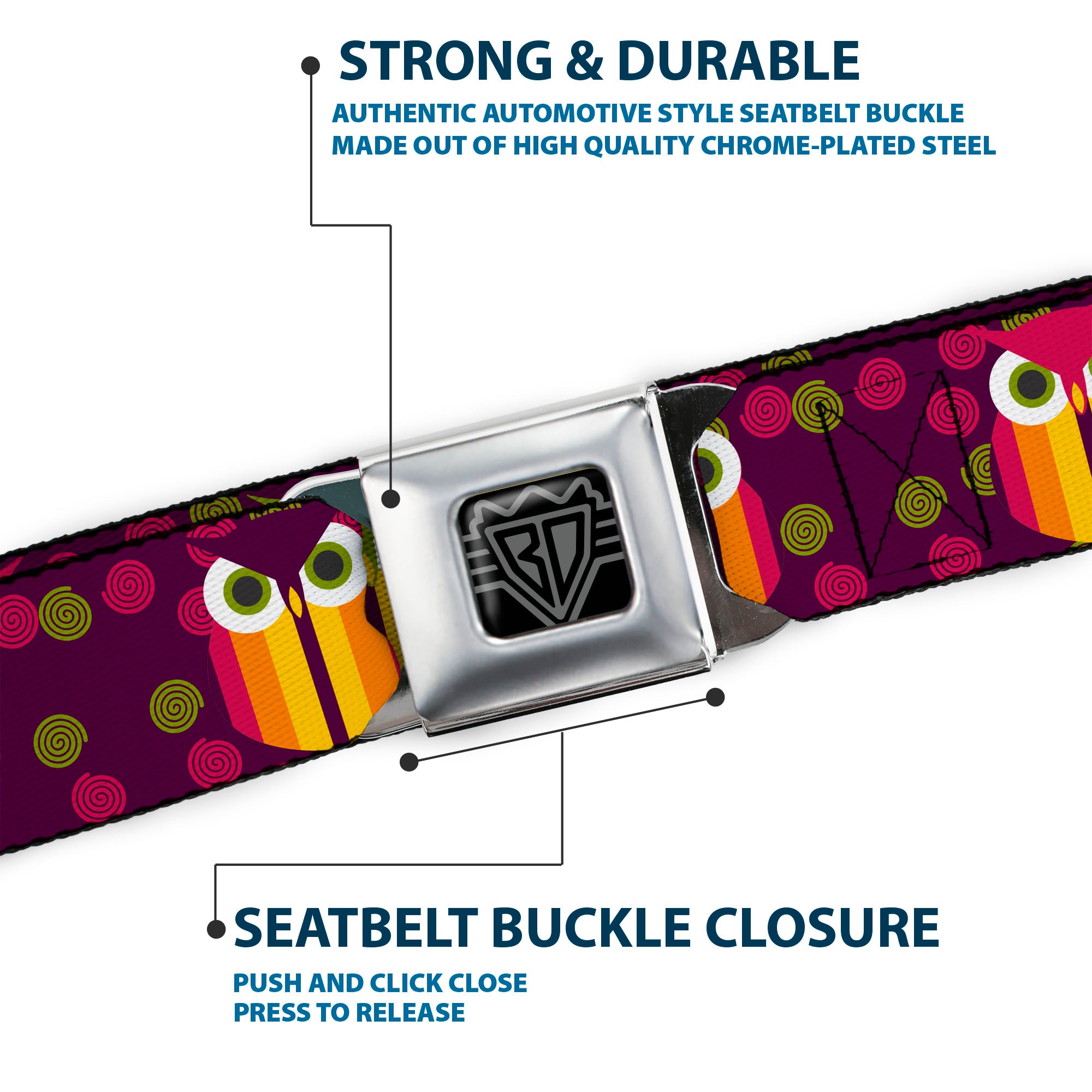 BD Wings Logo CLOSE-UP Full Color Black Silver Seatbelt Belt - Owls Striped w/Swirls Purple Webbing Seatbelt Belts Buckle-Down