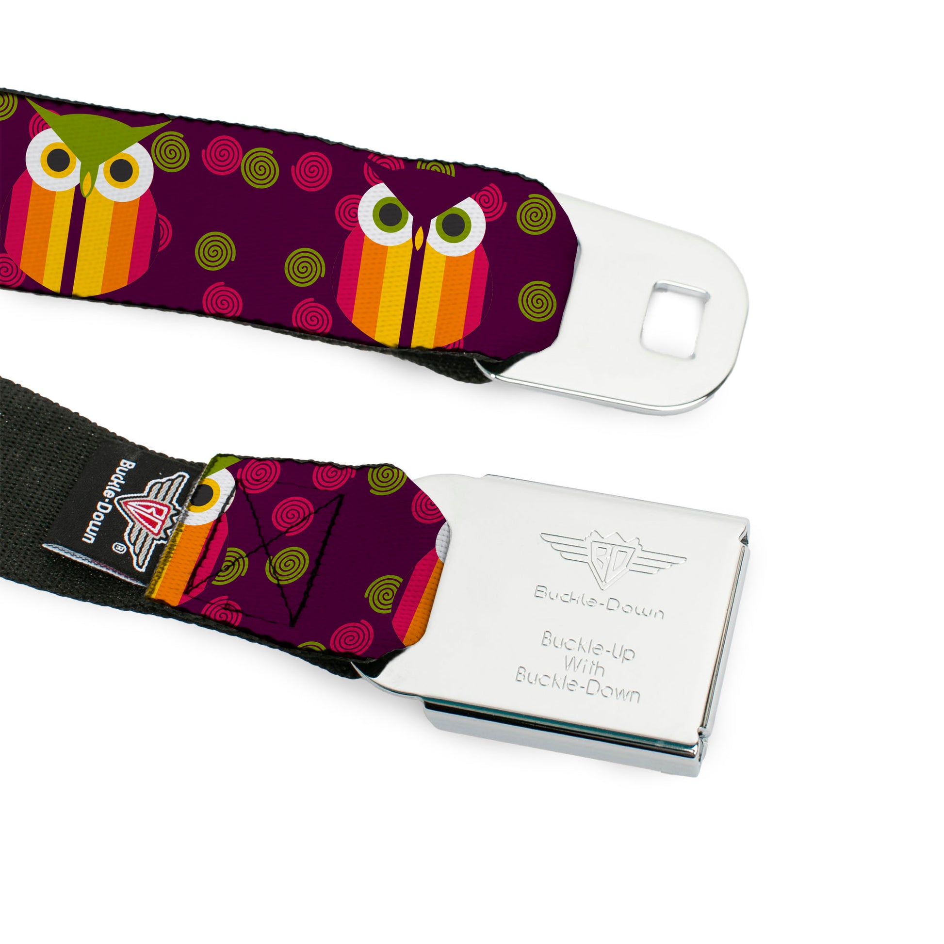 BD Wings Logo CLOSE-UP Full Color Black Silver Seatbelt Belt - Owls Striped w/Swirls Purple Webbing Seatbelt Belts Buckle-Down