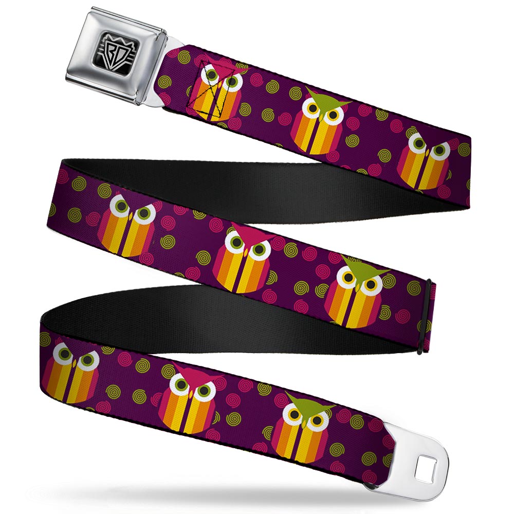 BD Wings Logo CLOSE-UP Full Color Black Silver Seatbelt Belt - Owls Striped w/Swirls Purple Webbing Seatbelt Belts Buckle-Down