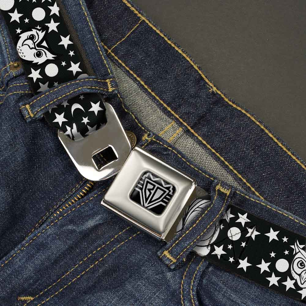BD Wings Logo CLOSE-UP Full Color Black Silver Seatbelt Belt - Owl Expressions Black/White Webbing Seatbelt Belts Buckle-Down