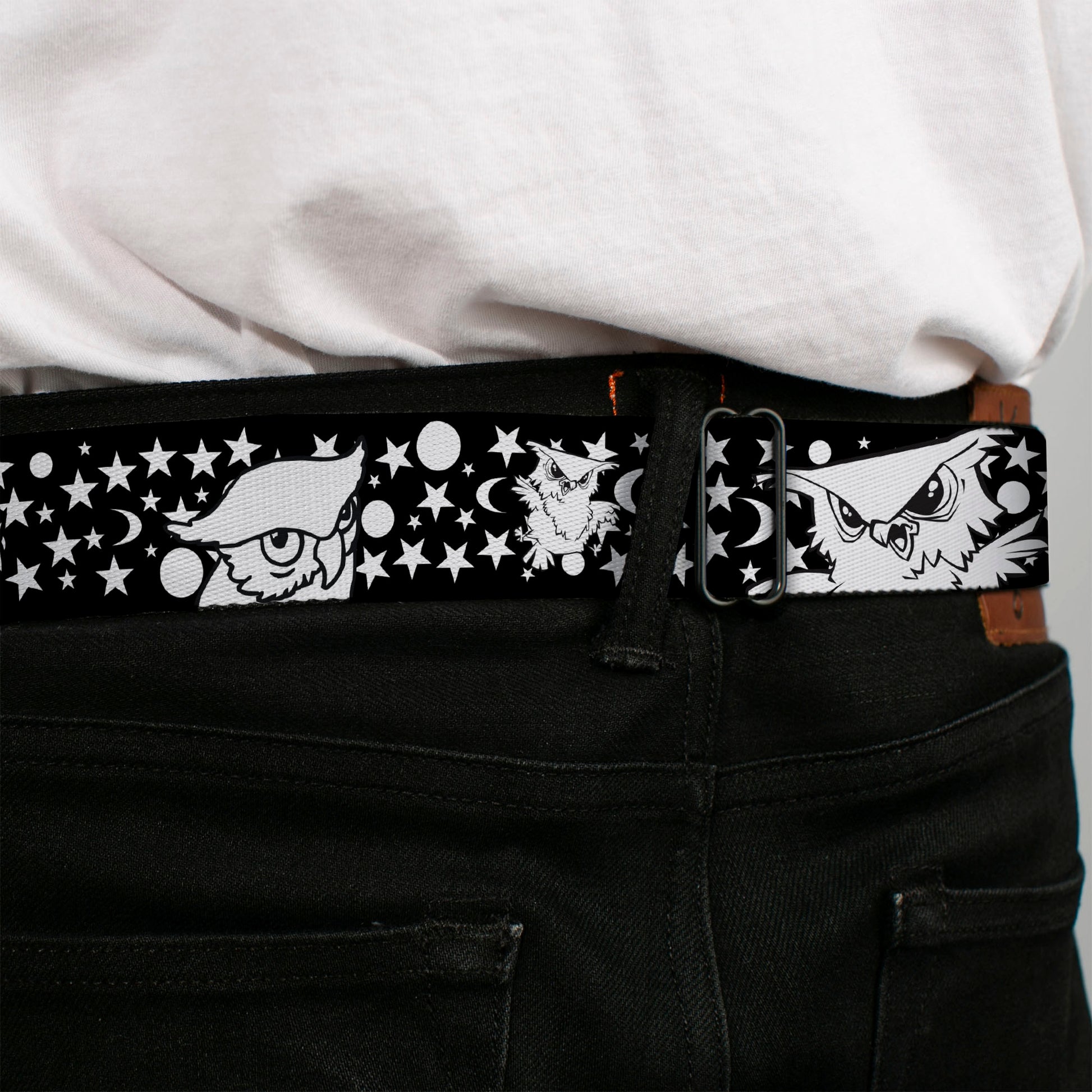 BD Wings Logo CLOSE-UP Full Color Black Silver Seatbelt Belt - Owl Expressions Black/White Webbing Seatbelt Belts Buckle-Down