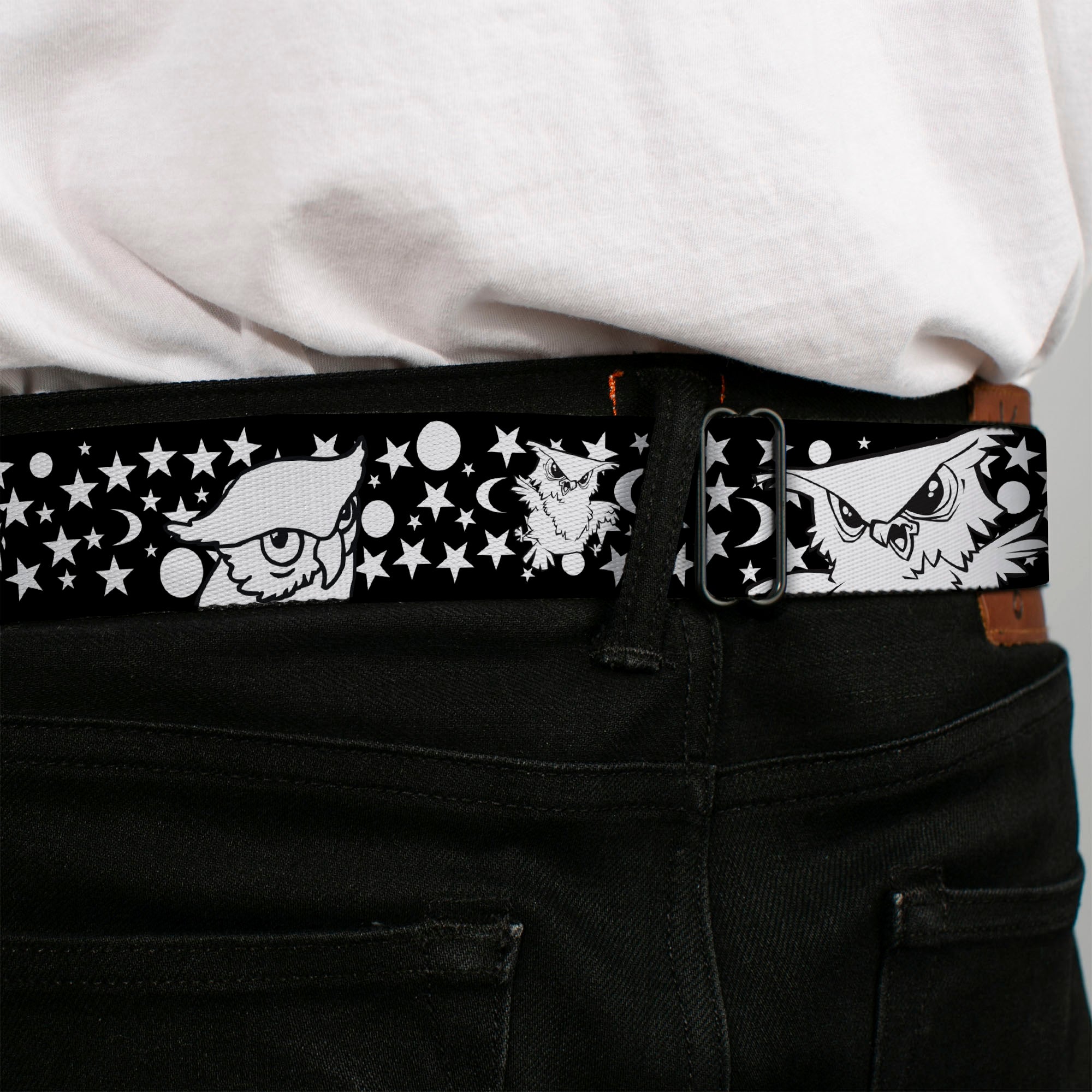 BD Wings Logo CLOSE-UP Full Color Black Silver Seatbelt Belt - Owl Expressions Black/White Webbing Seatbelt Belts Buckle-Down