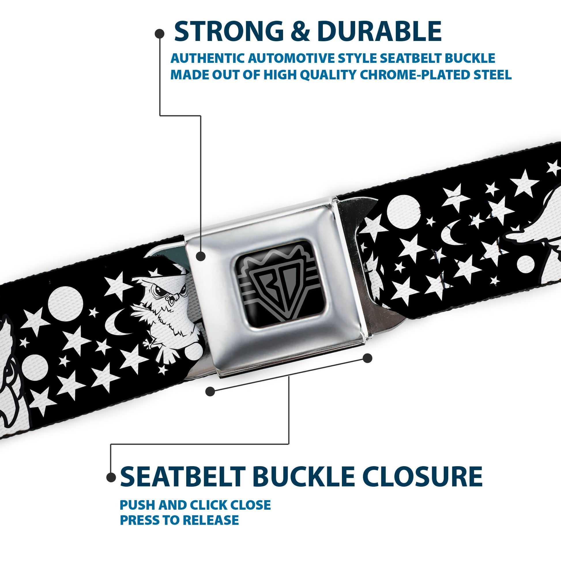 BD Wings Logo CLOSE-UP Full Color Black Silver Seatbelt Belt - Owl Expressions Black/White Webbing Seatbelt Belts Buckle-Down