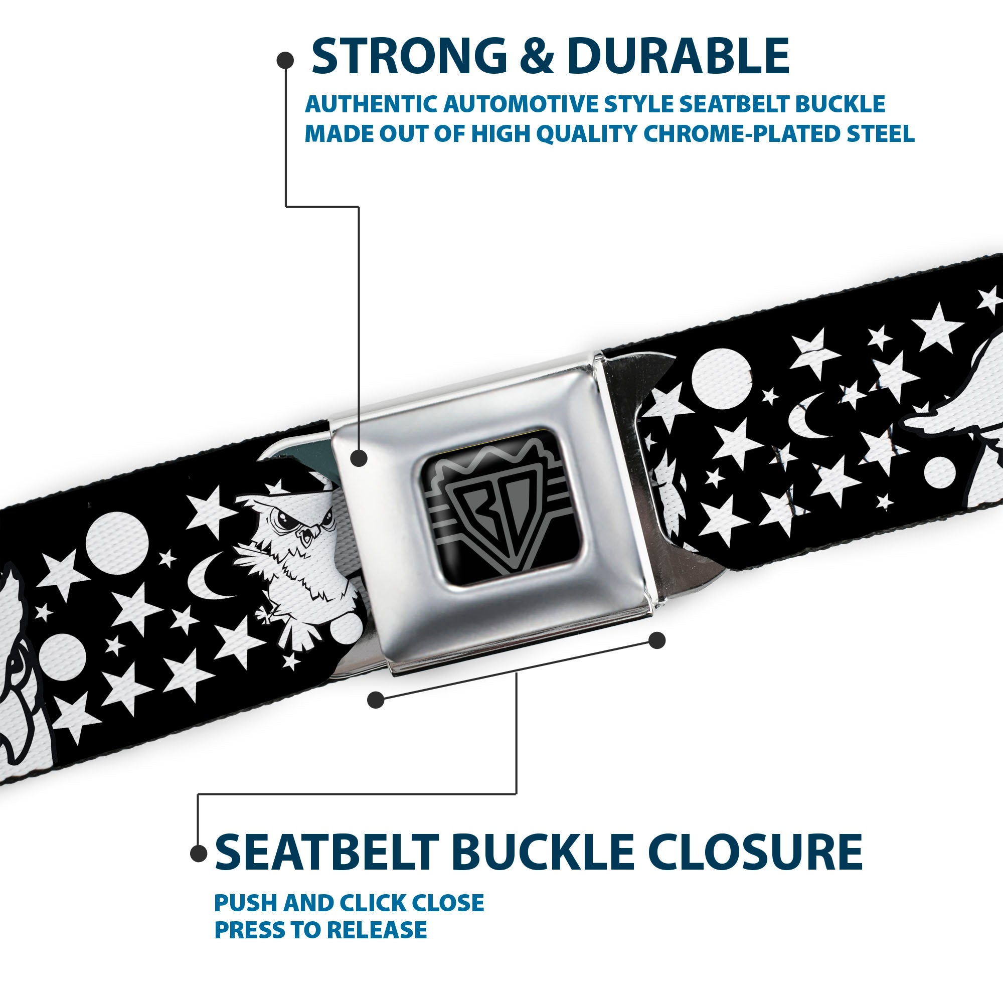 BD Wings Logo CLOSE-UP Full Color Black Silver Seatbelt Belt - Owl Expressions Black/White Webbing Seatbelt Belts Buckle-Down