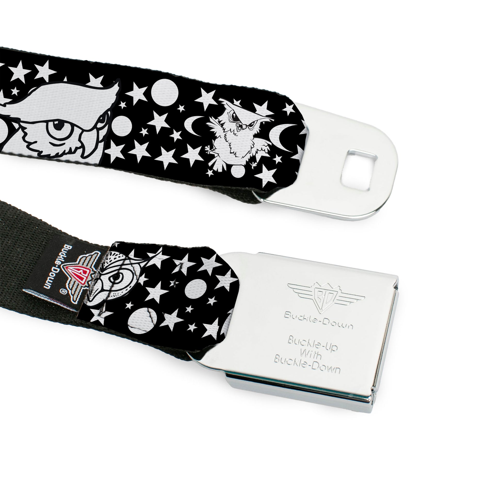 BD Wings Logo CLOSE-UP Full Color Black Silver Seatbelt Belt - Owl Expressions Black/White Webbing Seatbelt Belts Buckle-Down