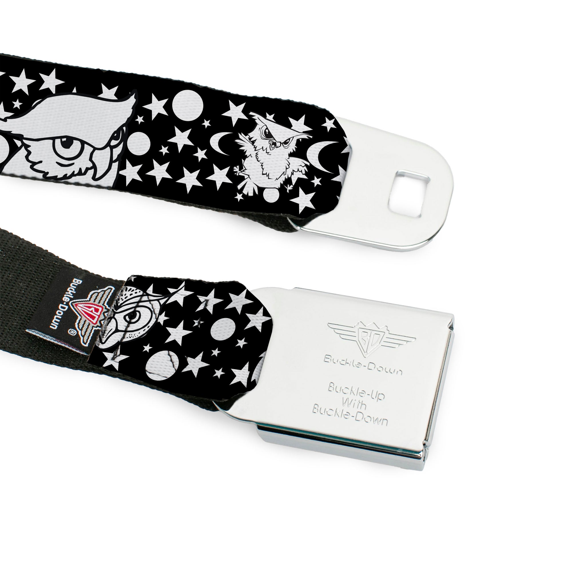 BD Wings Logo CLOSE-UP Full Color Black Silver Seatbelt Belt - Owl Expressions Black/White Webbing Seatbelt Belts Buckle-Down