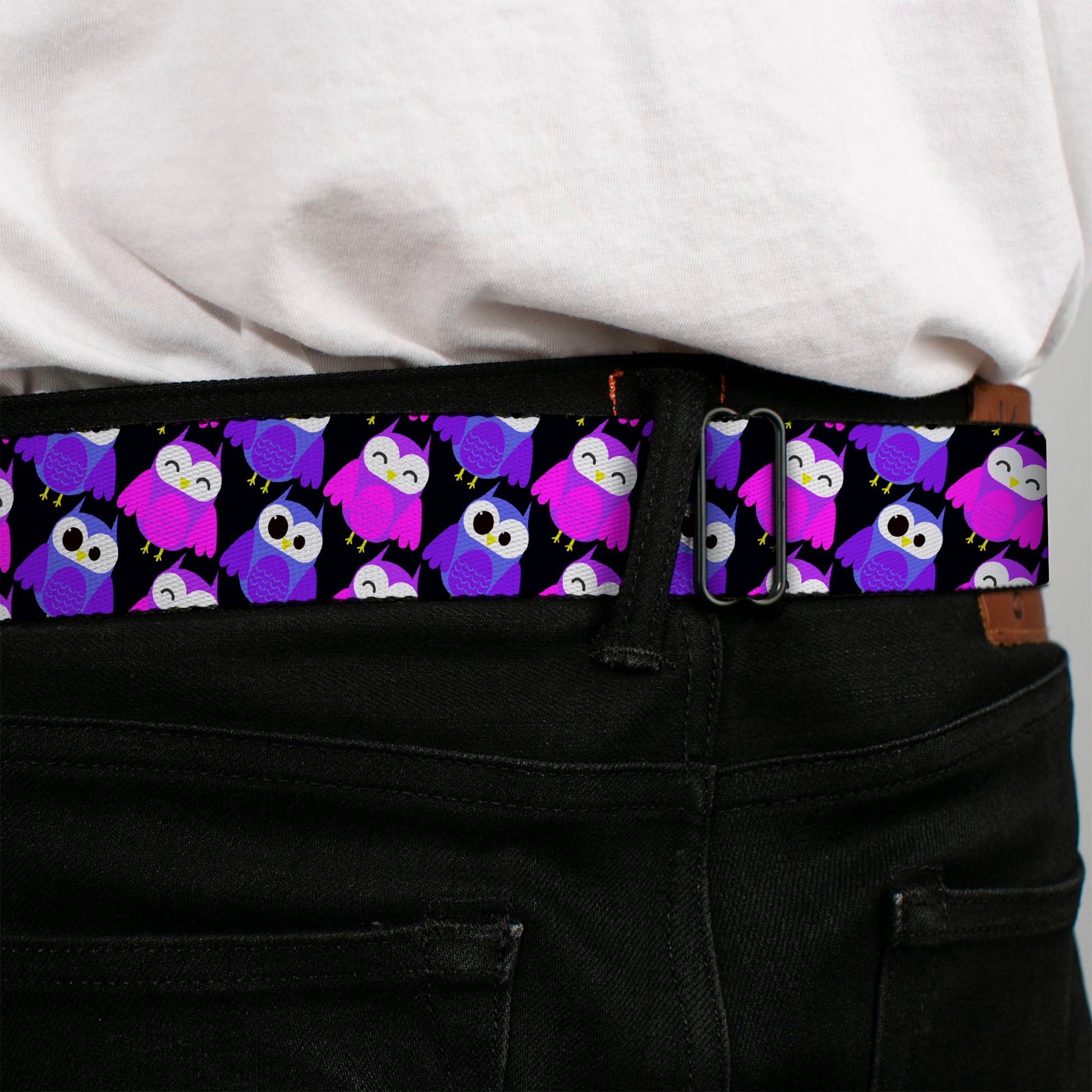 BD Wings Logo CLOSE-UP Full Color Black Silver Seatbelt Belt - Owl Eyes Black/Purples/Pinks Webbing Seatbelt Belts Buckle-Down