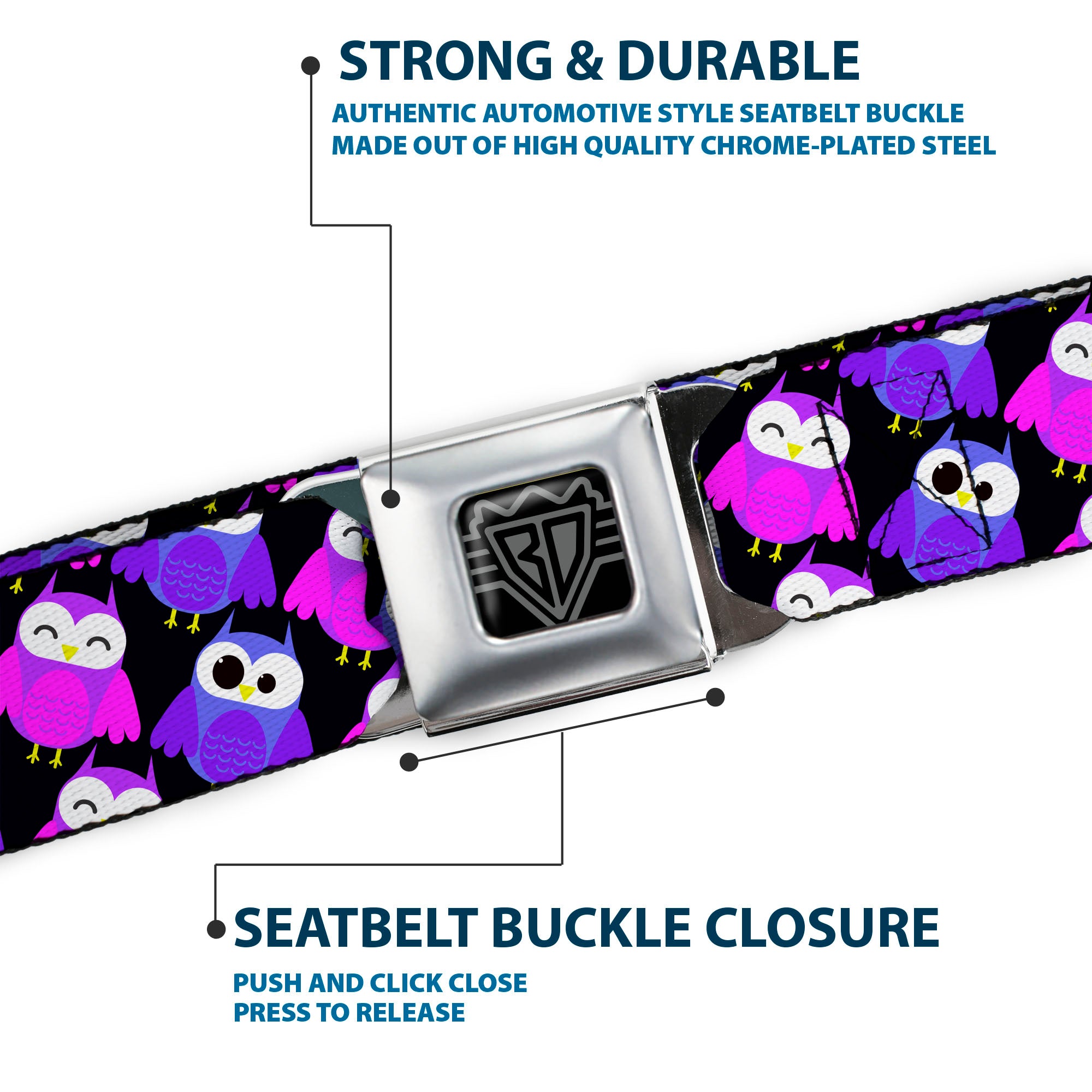 BD Wings Logo CLOSE-UP Full Color Black Silver Seatbelt Belt - Owl Eyes Black/Purples/Pinks Webbing Seatbelt Belts Buckle-Down